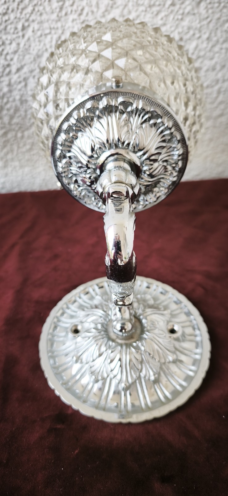 Vintage Wall Sconce Pair 1960s Glass Globe Lights Diamond Cut Chrome.