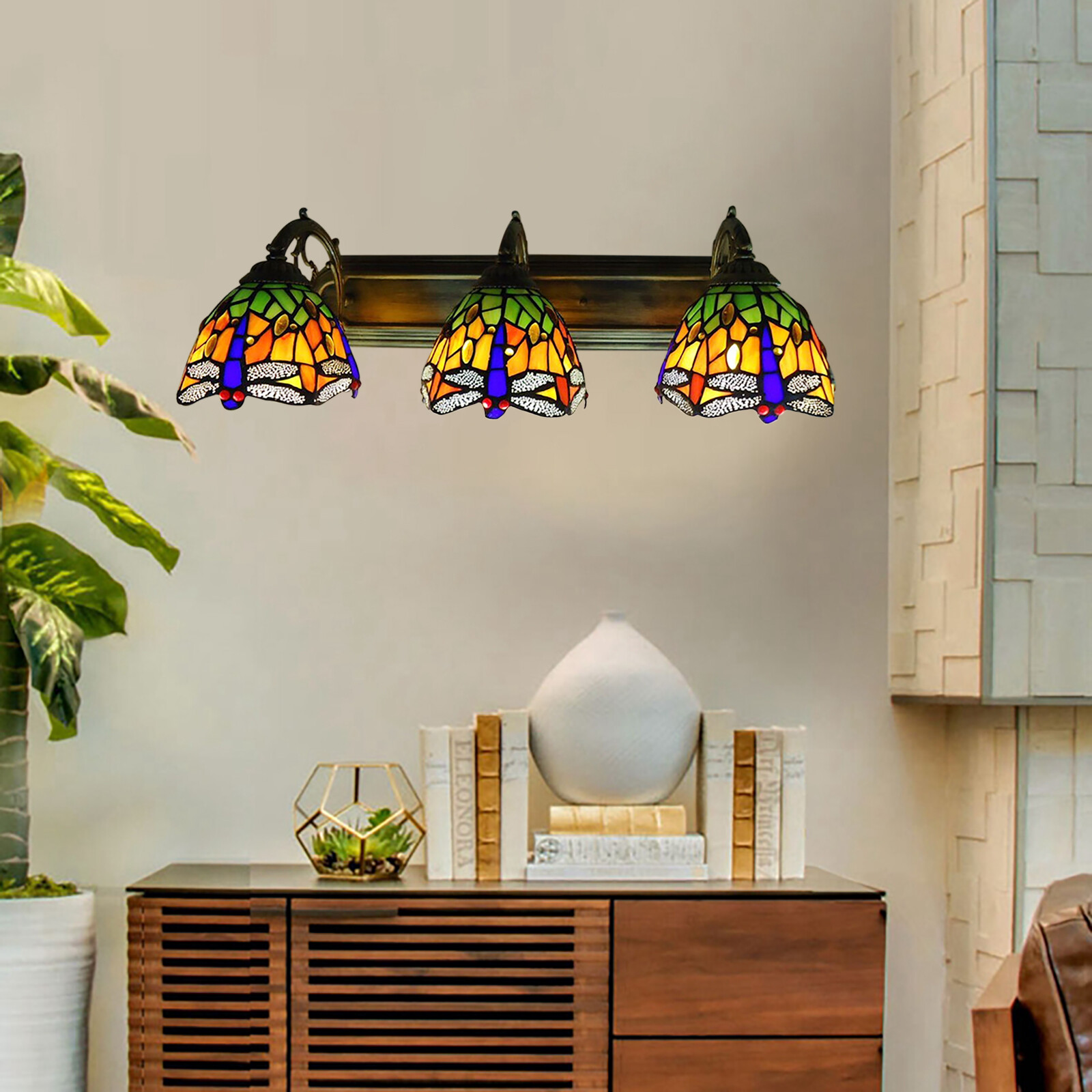 Wall Sconce Lamp Vanity Light Fixtures 3-Light Stained Glass Lampshade