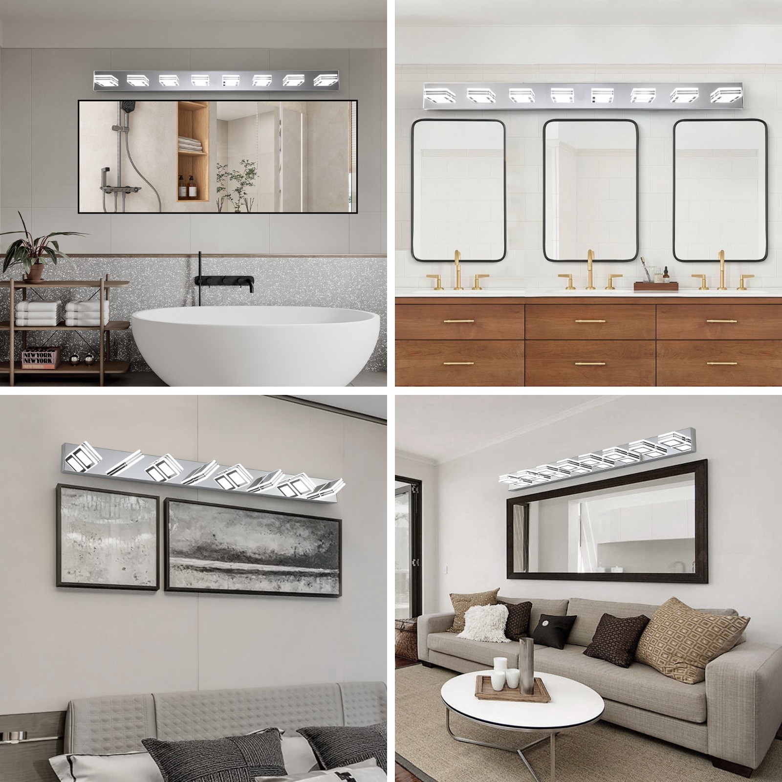 52″ Modern Chrome 8-Light LED Vanity Light, Square Acrylic Lampshades Wall Mount