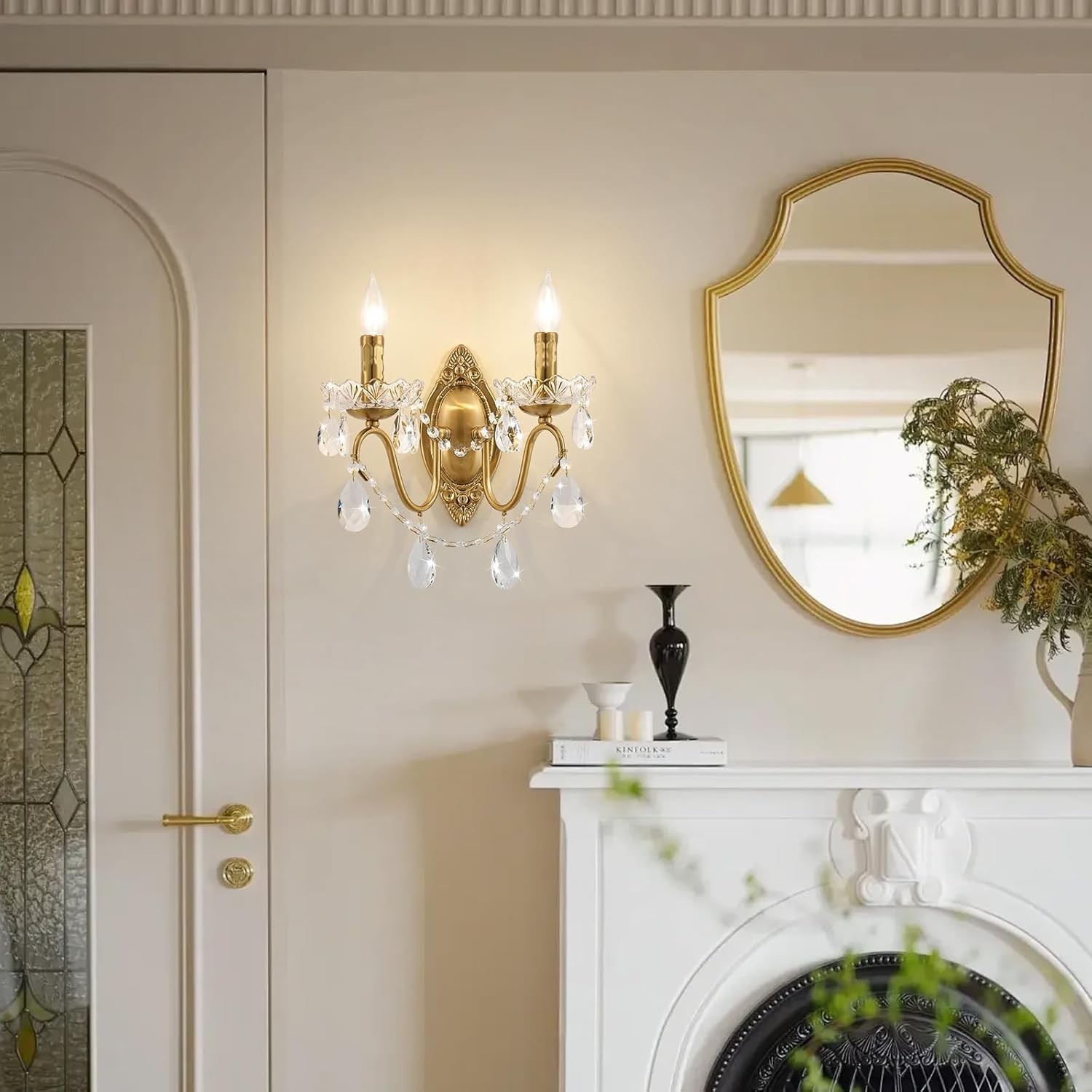 PAIR Ondersley Gold Brass Crystal Drops Prisms Bobeches Double Arm Wall Sconces!