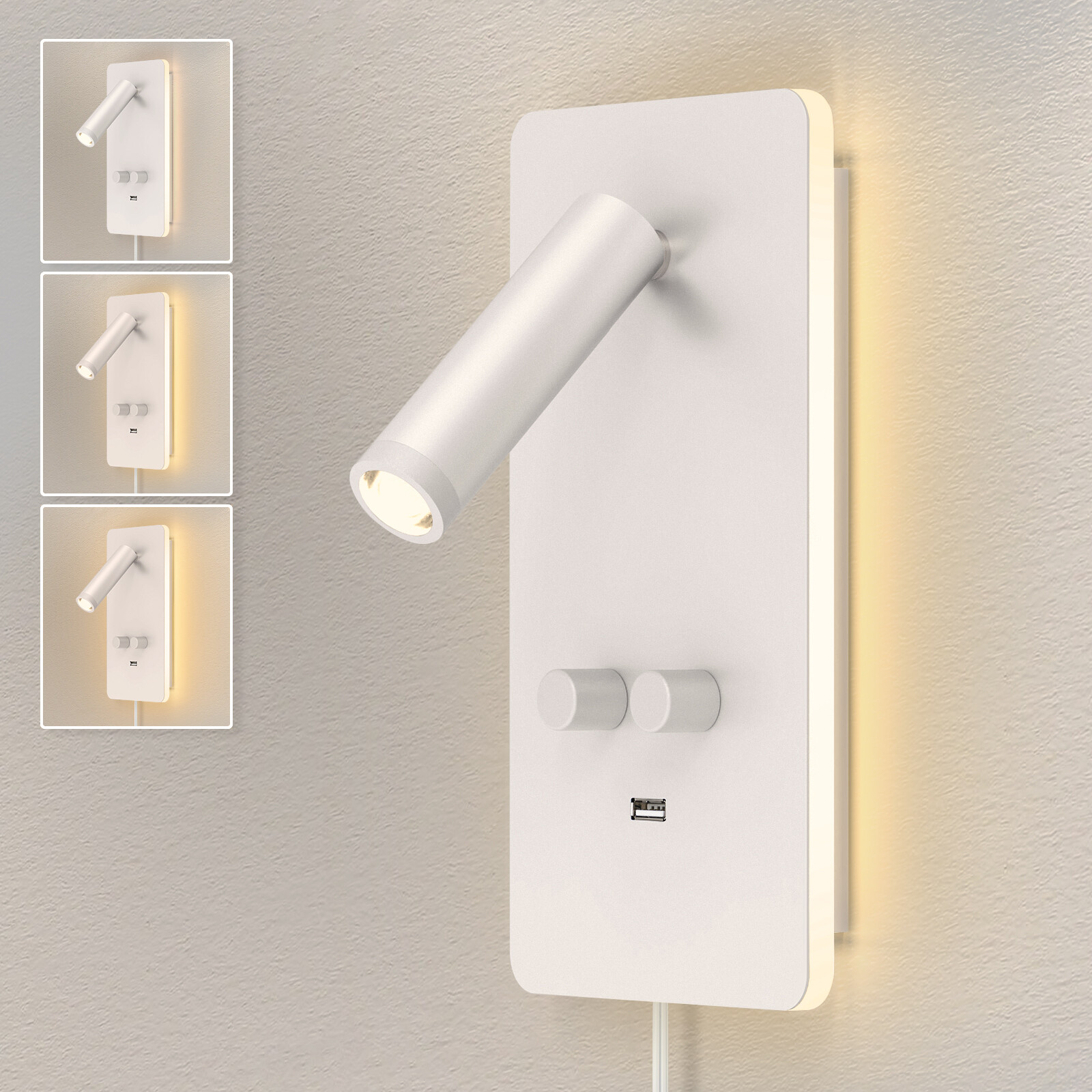 Plug in LED Wall Sconce Backlighting Dimmable Reading Spot Bedside Lamp USB Port