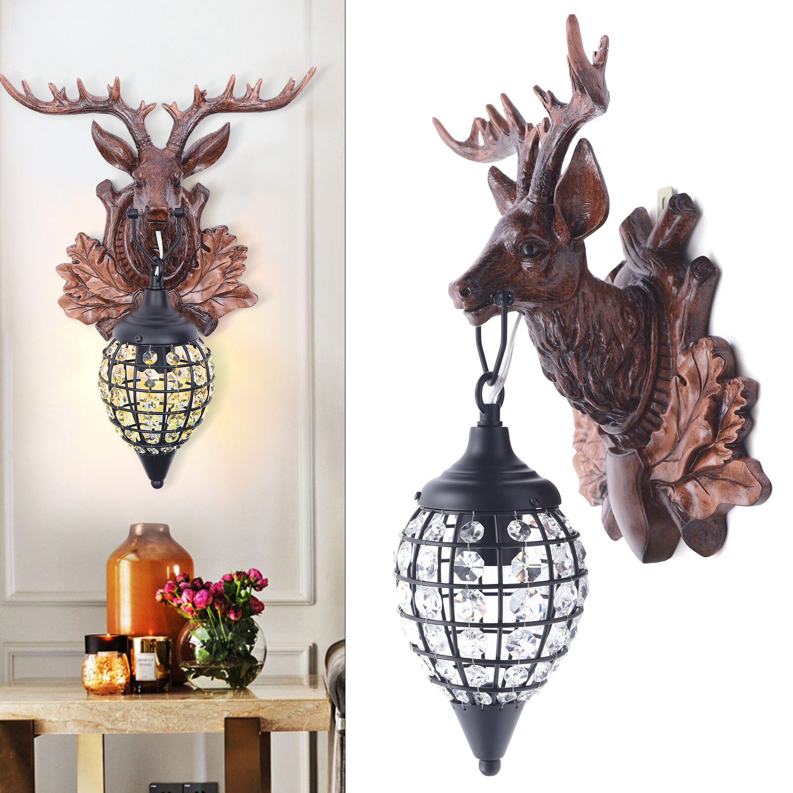 Antler Wall Sconce Lighting Rustic Deer Wall Light Decor with Antler and Crystal