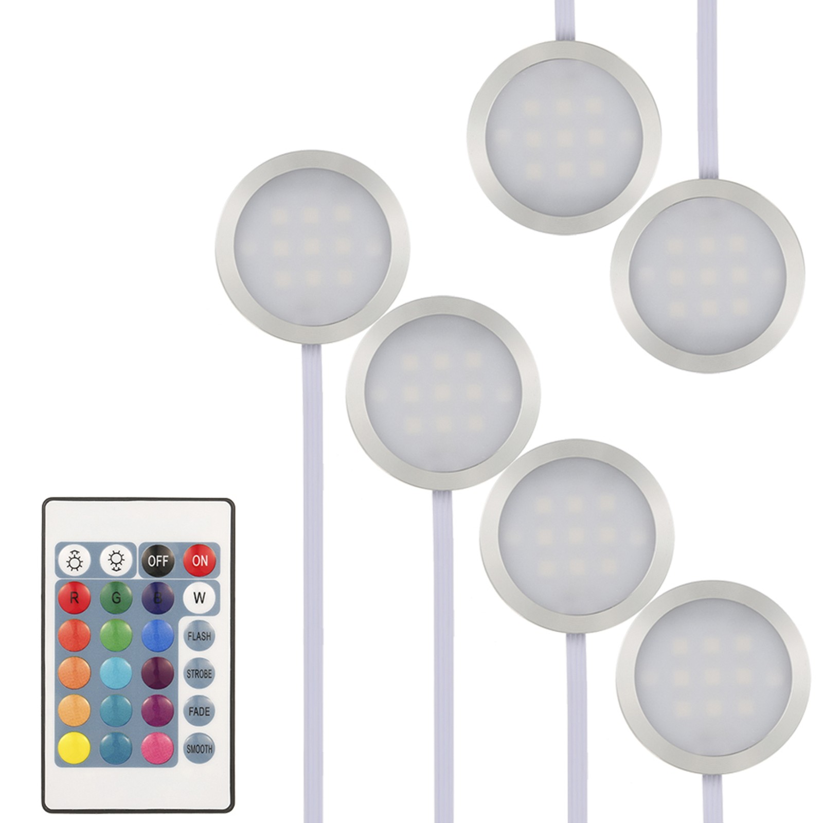 6PCS Slim Round Shape RGB LED Under Cabinet Light Kit SMD5050 Puck Lamp Col IRCW