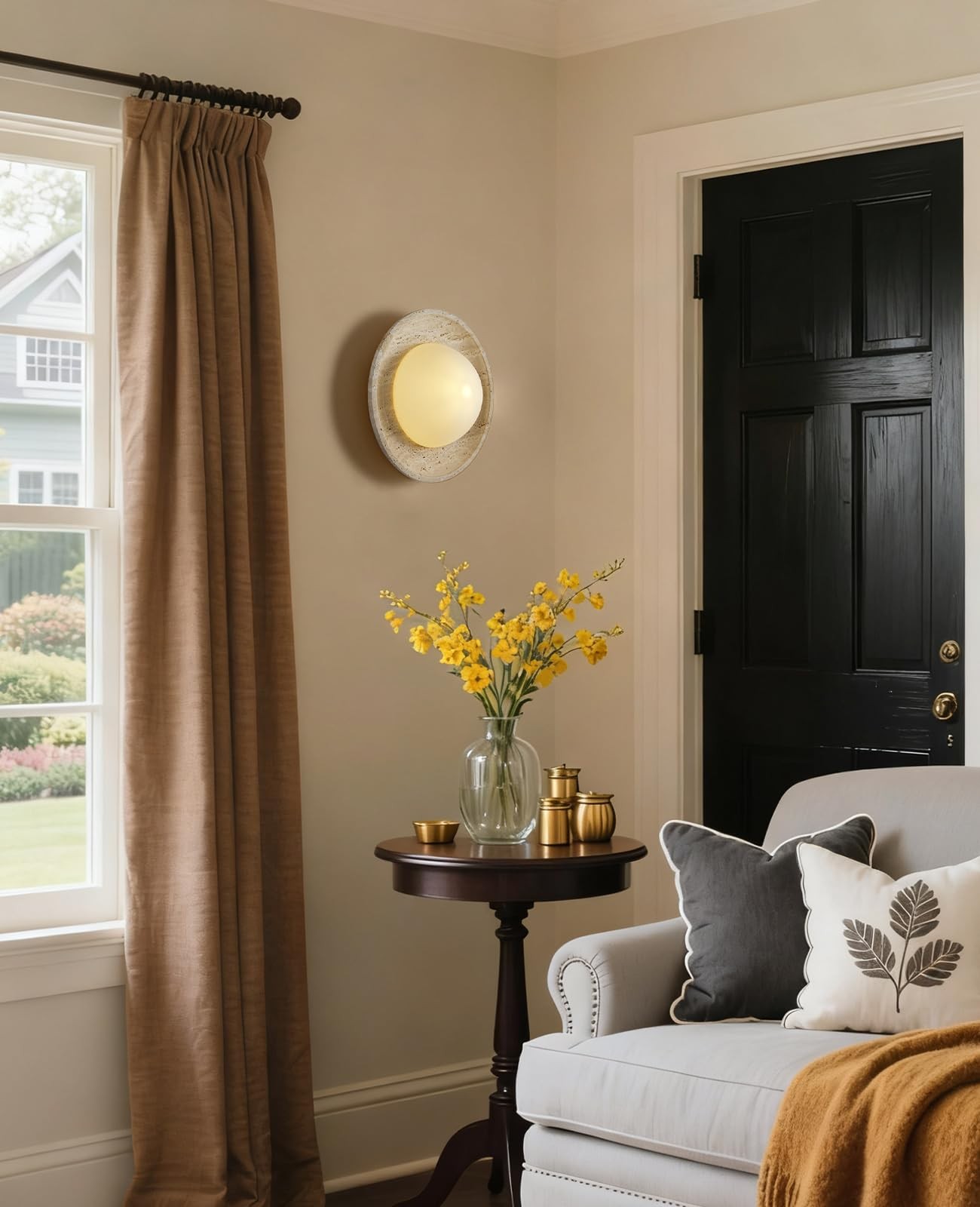 Yellow Travertine Wall Sconce 9.8″ Natural Retro Stone Wall Sconces with Roun…