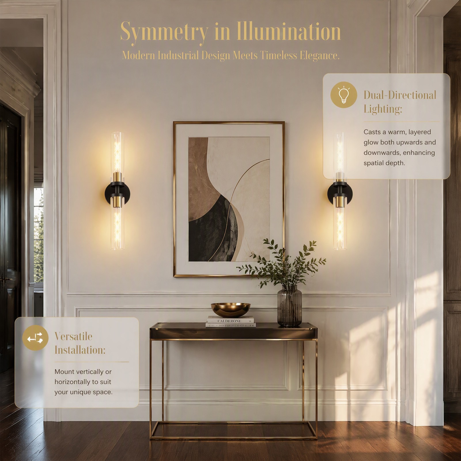 2 Pack 22″ Black Gold Indoor Wall Lamp Elegant Vanity Light Glass Sconce Fixture