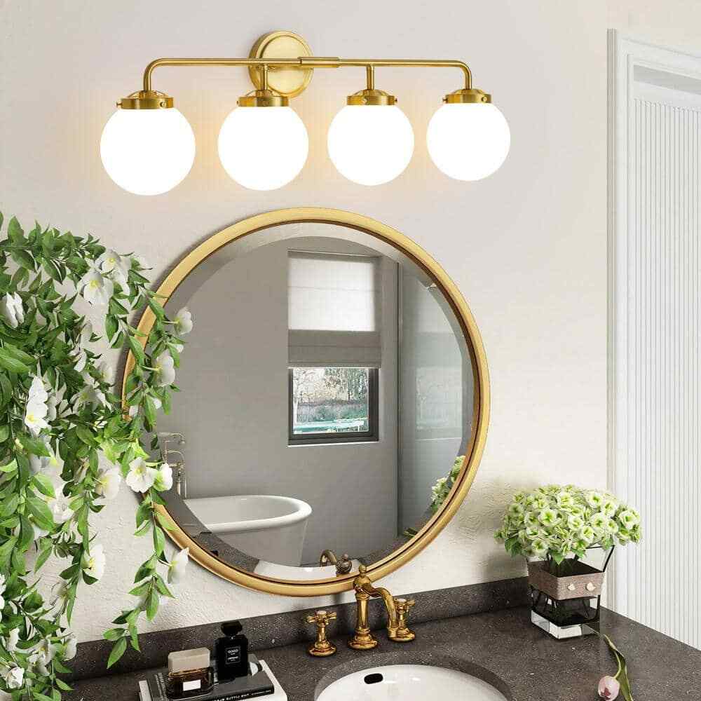Deyidn 30.71 in. 4-Light Gold Brass Bathroom Vanity Light w/ Opal Glass Shades