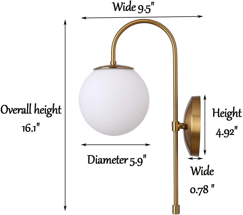 Gold Wall Sconce, Modern Bedside Led Globe Frosted Glass Wall Lamp, Wall Mounted