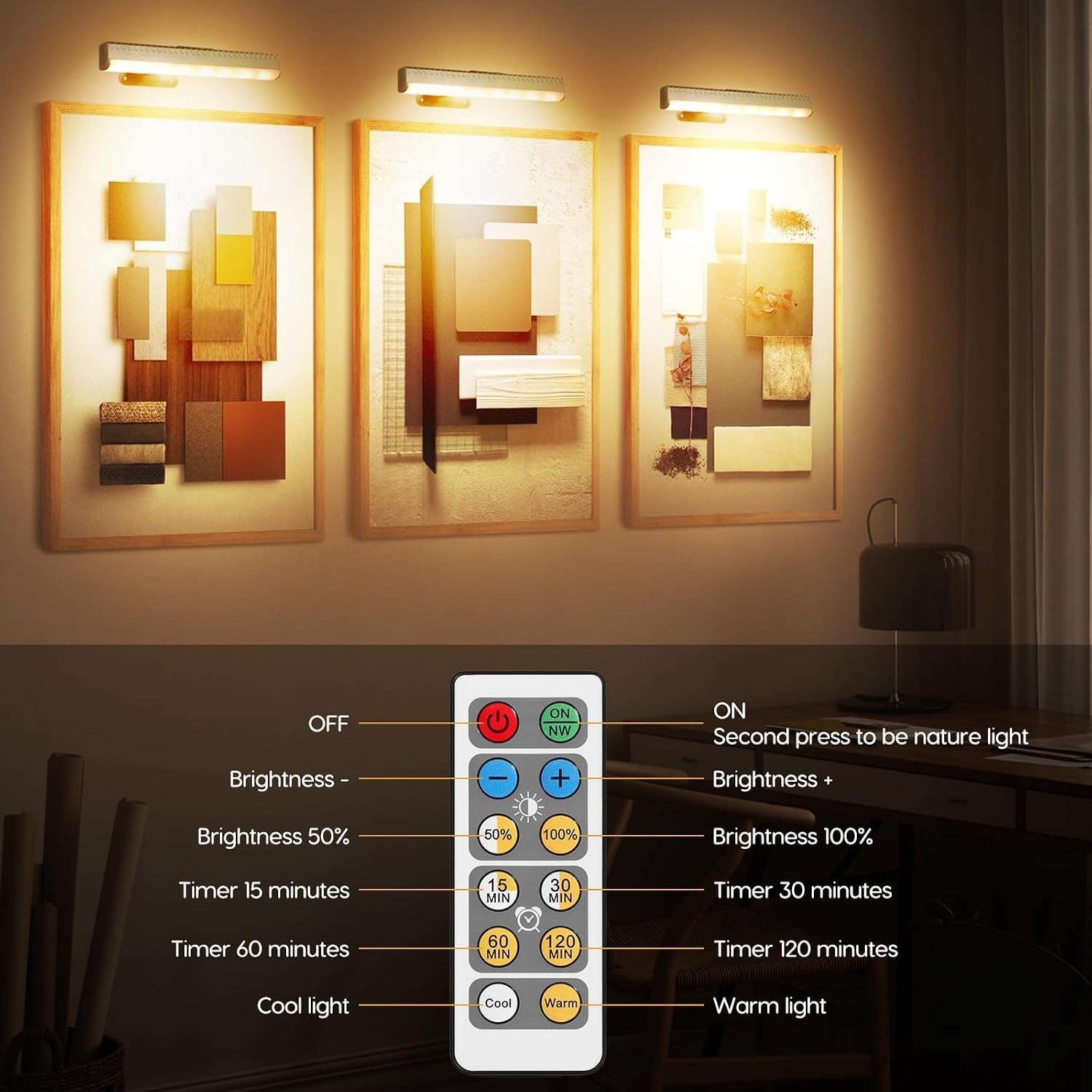 Elegant Gold Picture Light Set – Dimmable, Remote Control with Timer Function