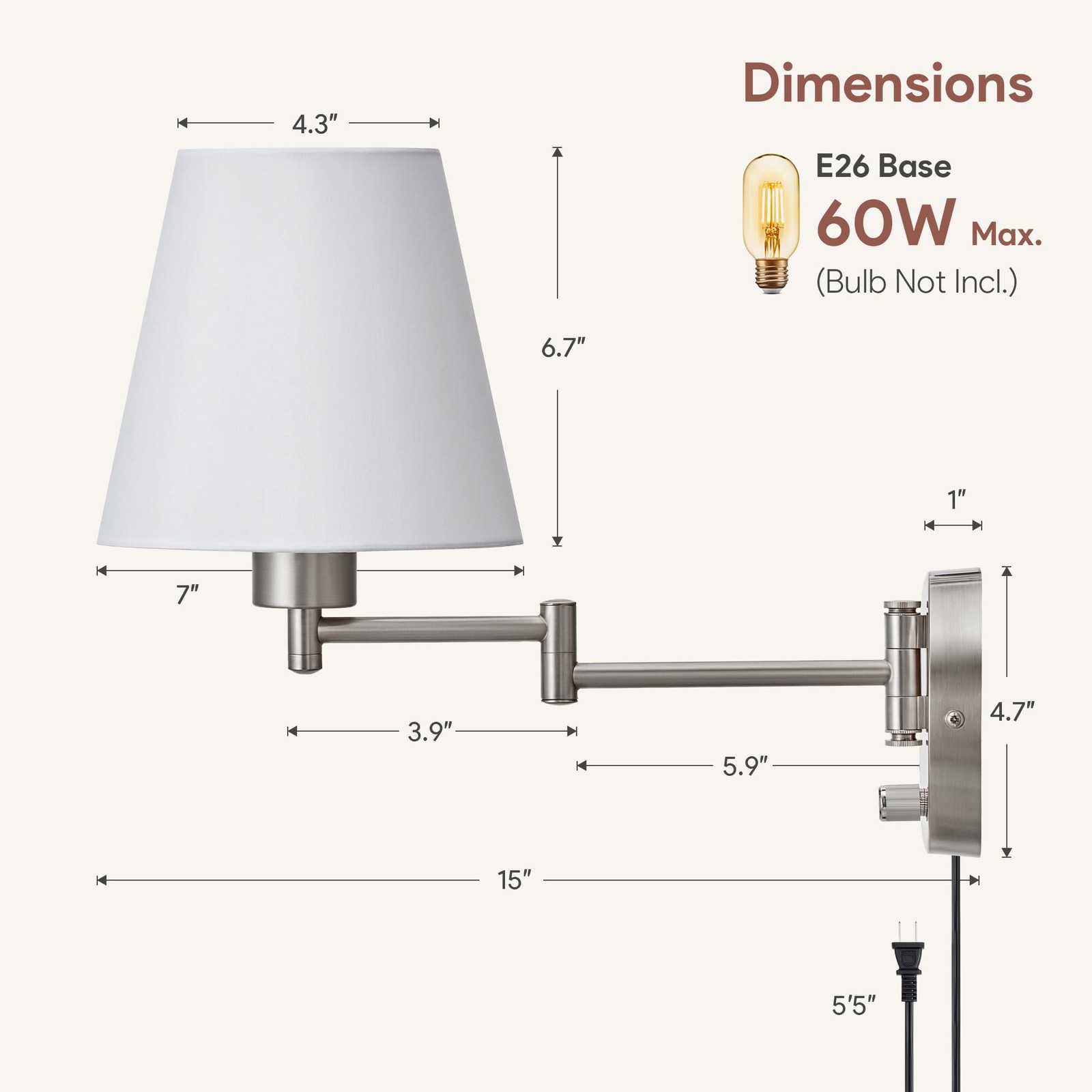 VONLUCE Modern Adjustable Swing Arm Wall Lamp Brushed Nickel, Plug-in Wall Sc…