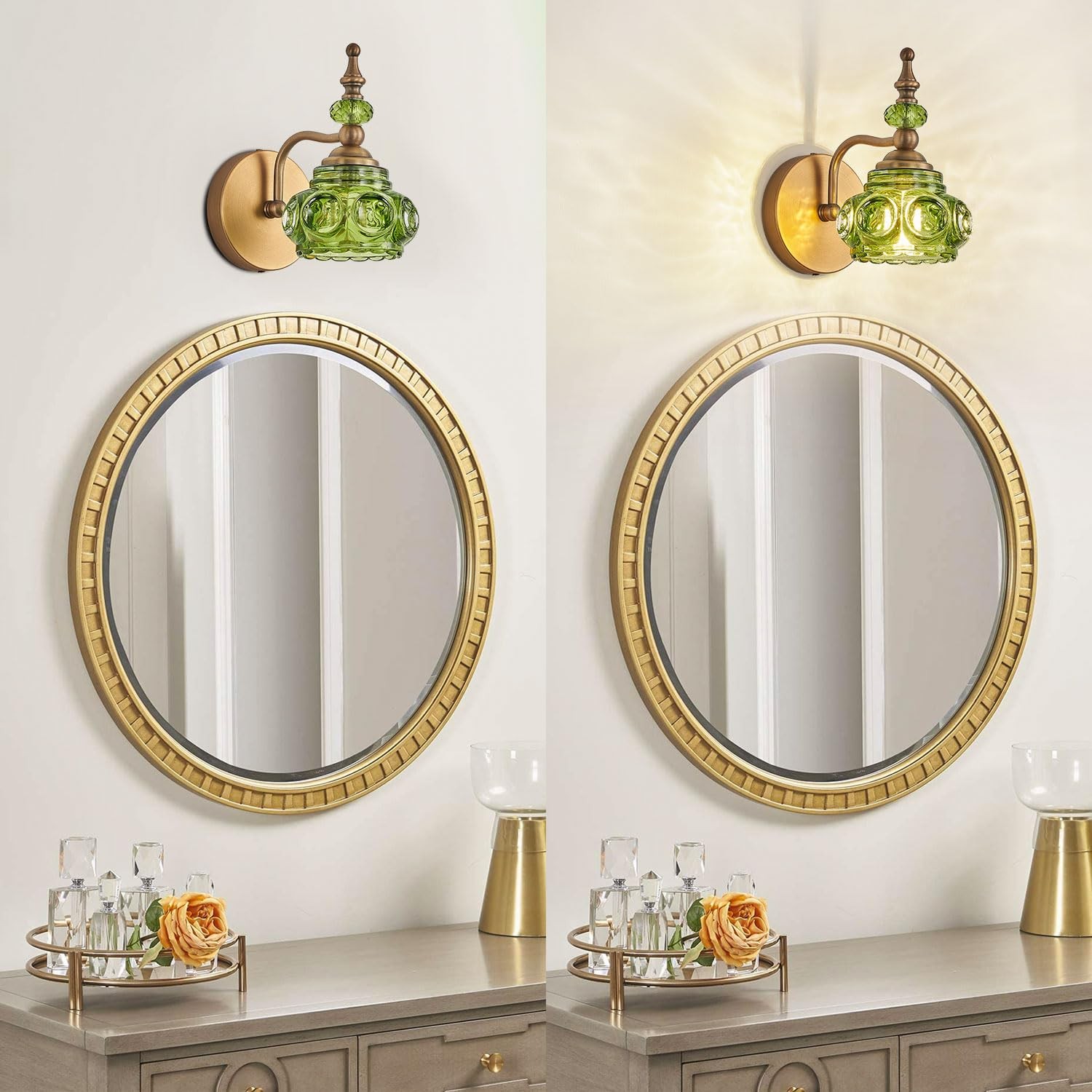 Vintage Green Glass Wall Sconce Bathroom Lighting Fixture, Large