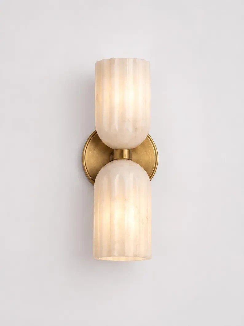 Mid Century Modern Alabaster Wall Sconce, Double Cylinder Brass Wall Light