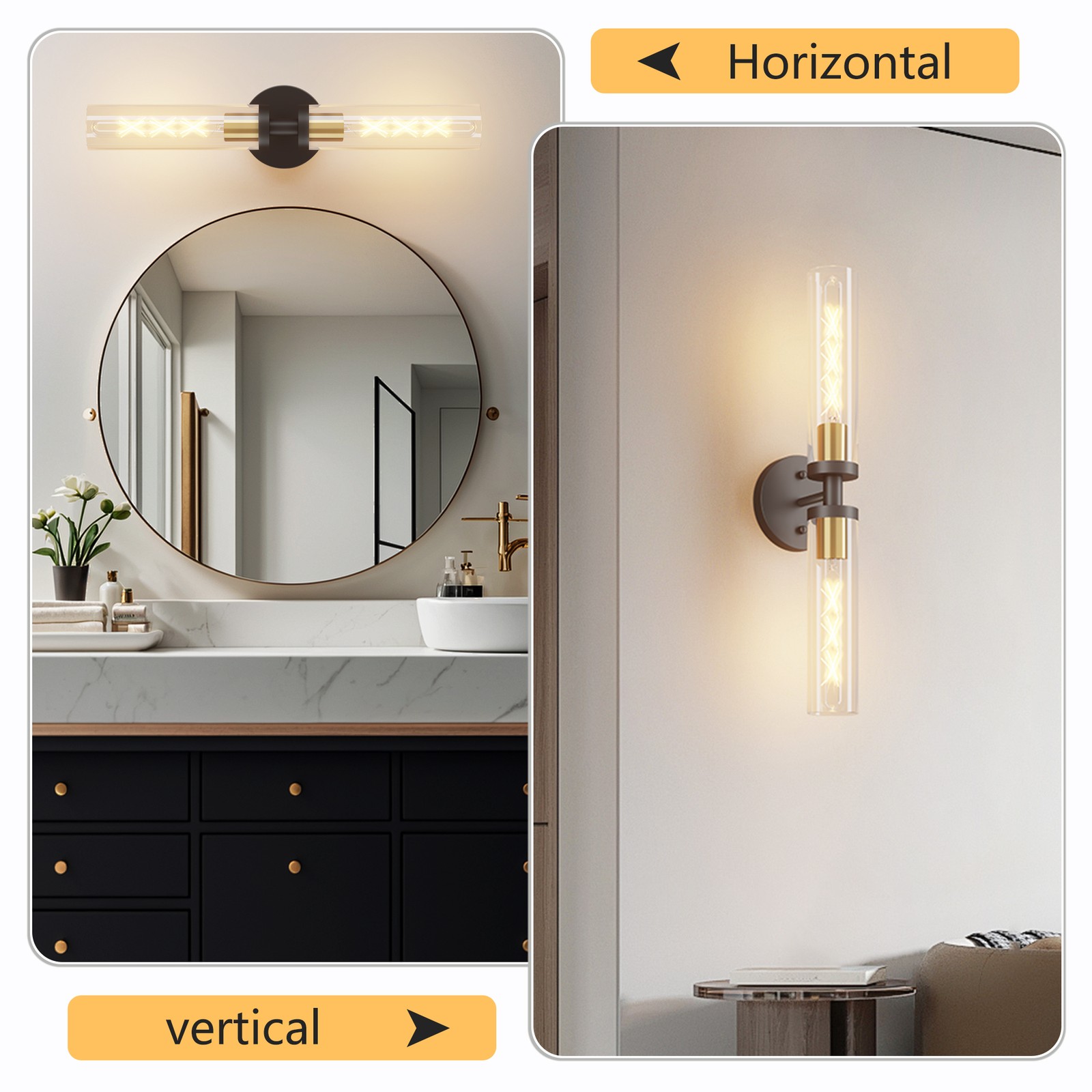 2 Pack 22″ Black Gold Indoor Wall Lamp Elegant Vanity Light Glass Sconce Fixture