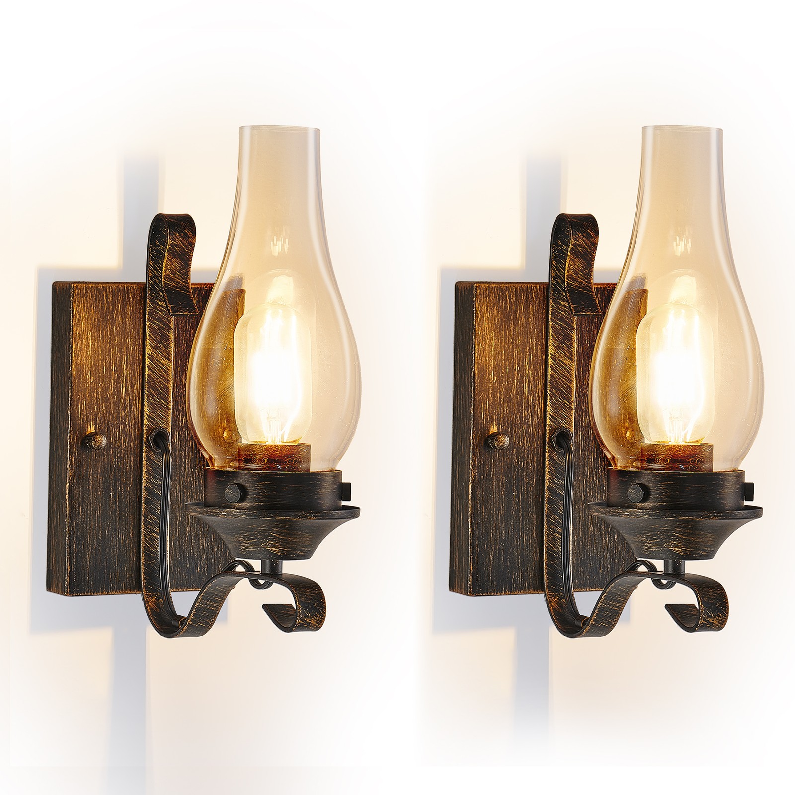 2 Pack Rustic Wall Light Vintage Oil Rubbed Bronze Sconce Amber Glass Fixtures