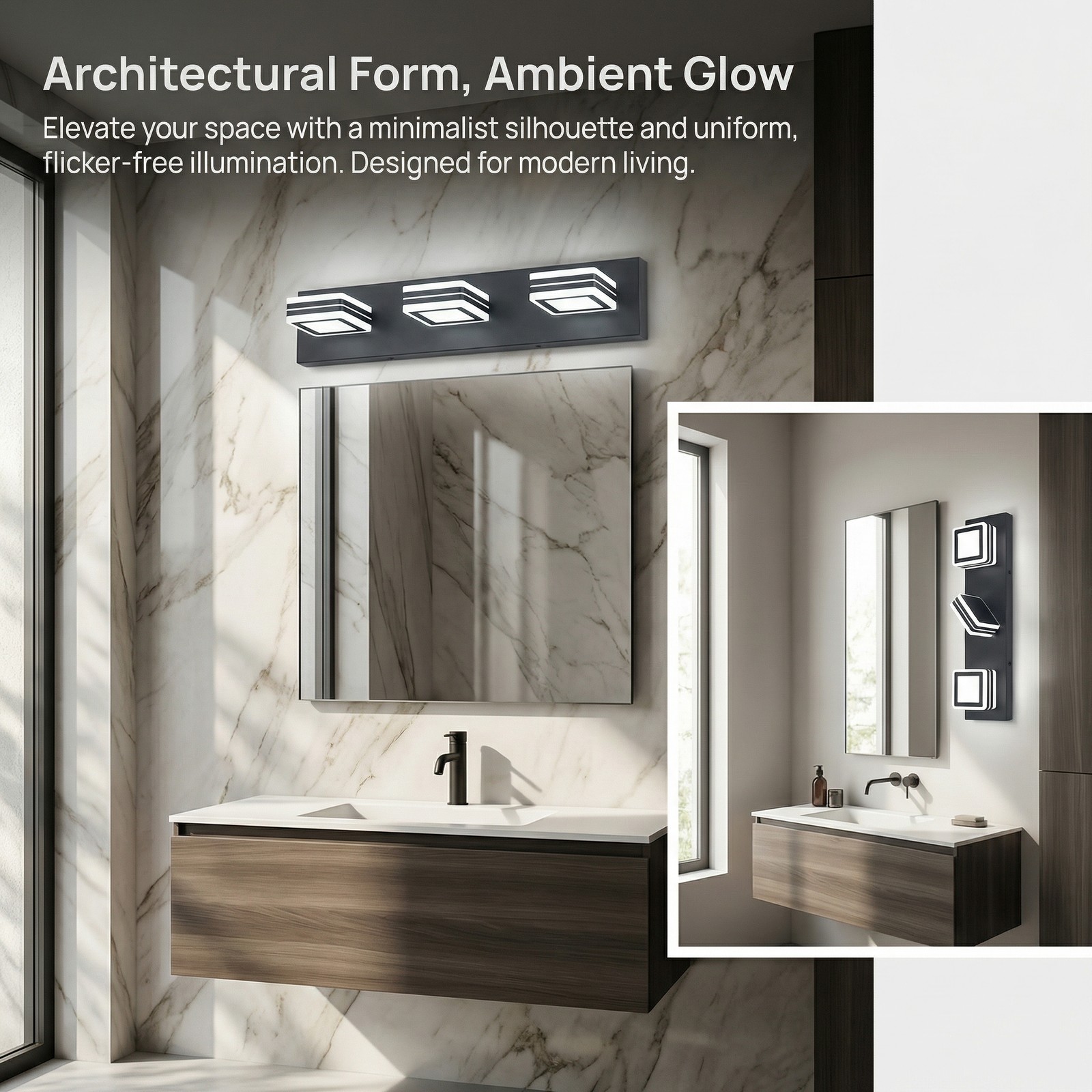 3 Lights 20 Inch LED Black Modern Vanity Light Bathroom Mirror Wall Lamp Fixture