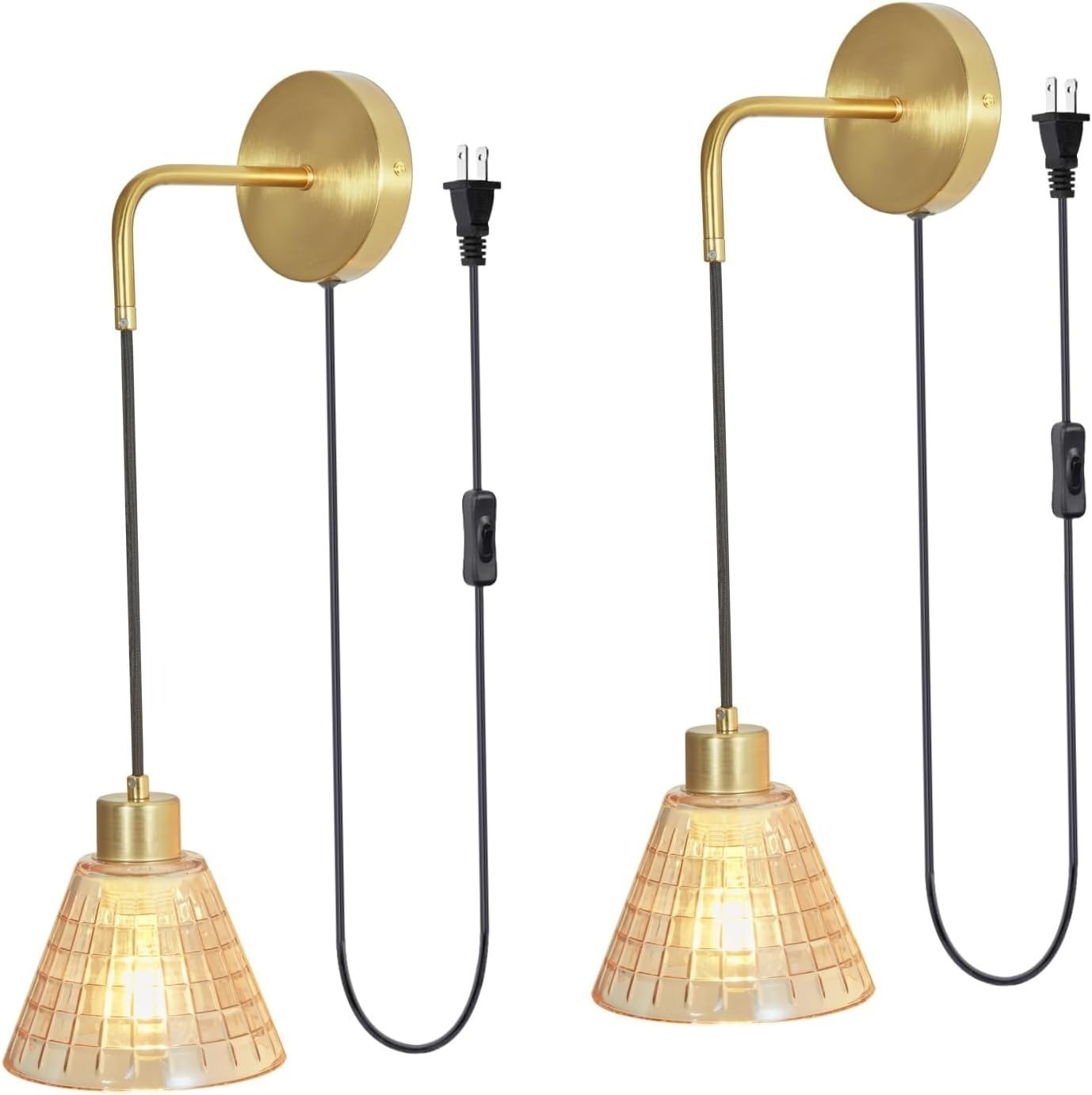 2pk Gold Wall Sconce with Plug in Cord On Off Switch Wall Lamp Light Amber Glass