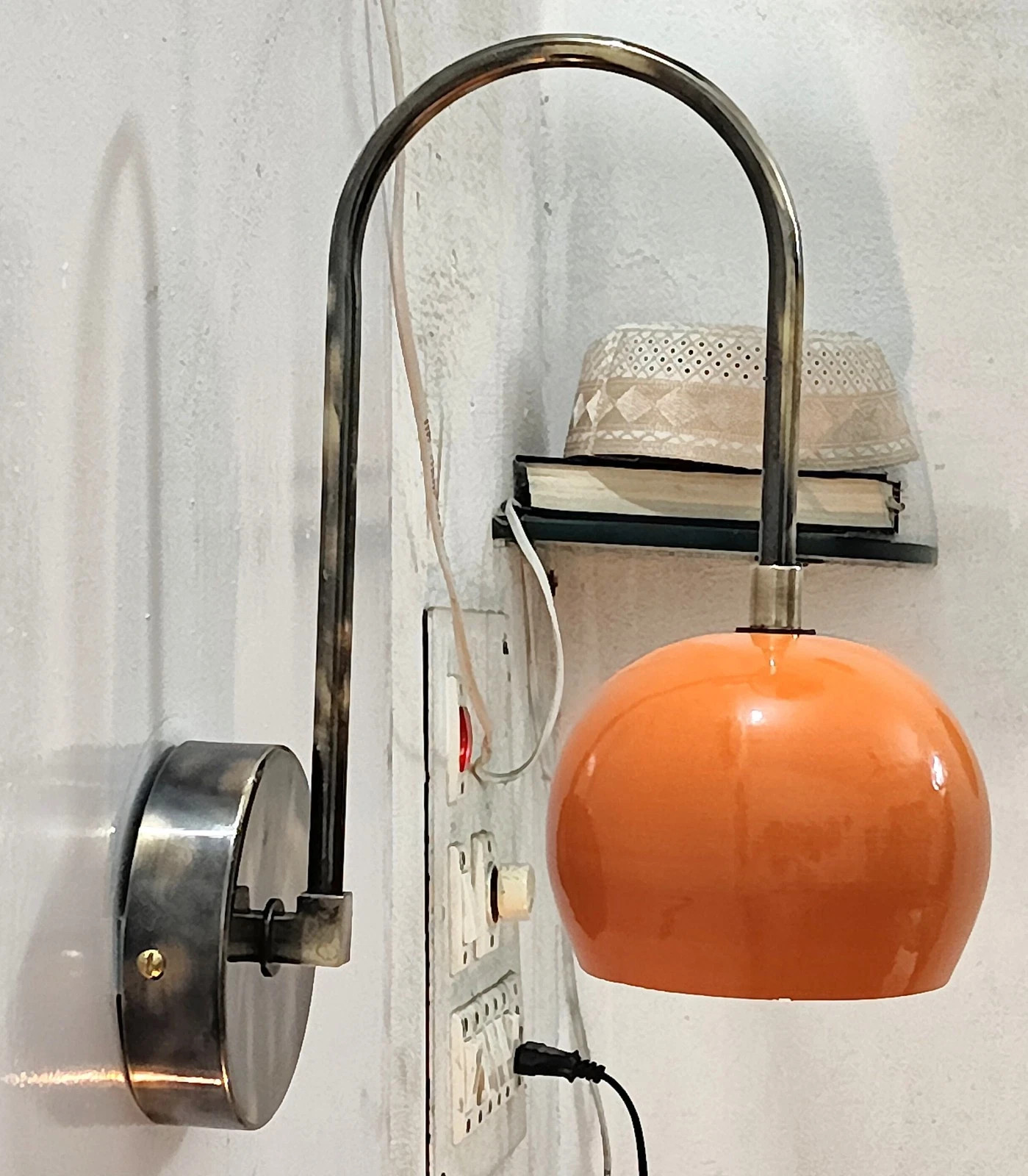 Mid Century Brass Wall Sconce Light – Orange Dome Shade Retro Fixture E12/E14/E2