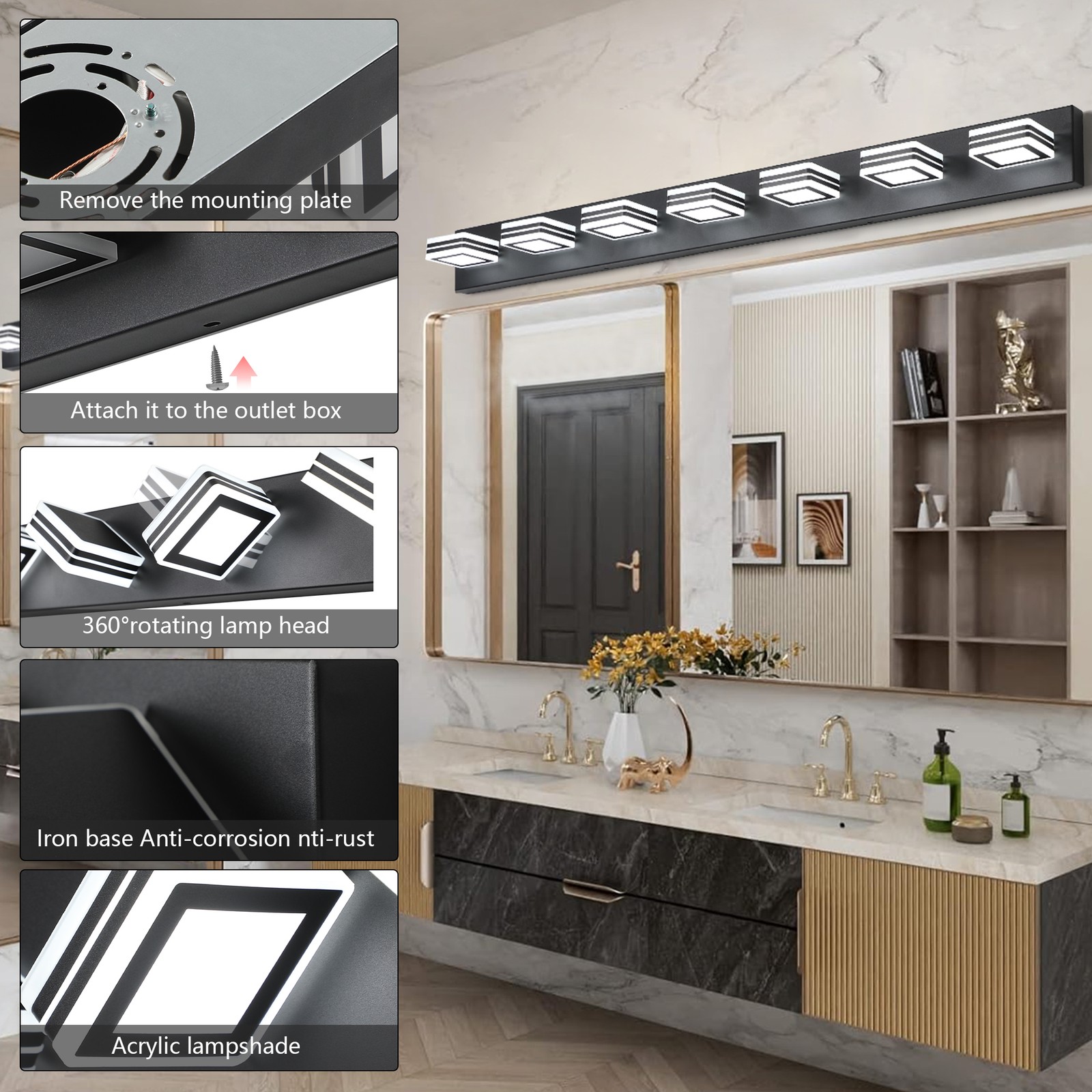 7 Lights 45″ Vanity Light Bathroom Over Mirror LED Wall Lamp Fixture Matte Black
