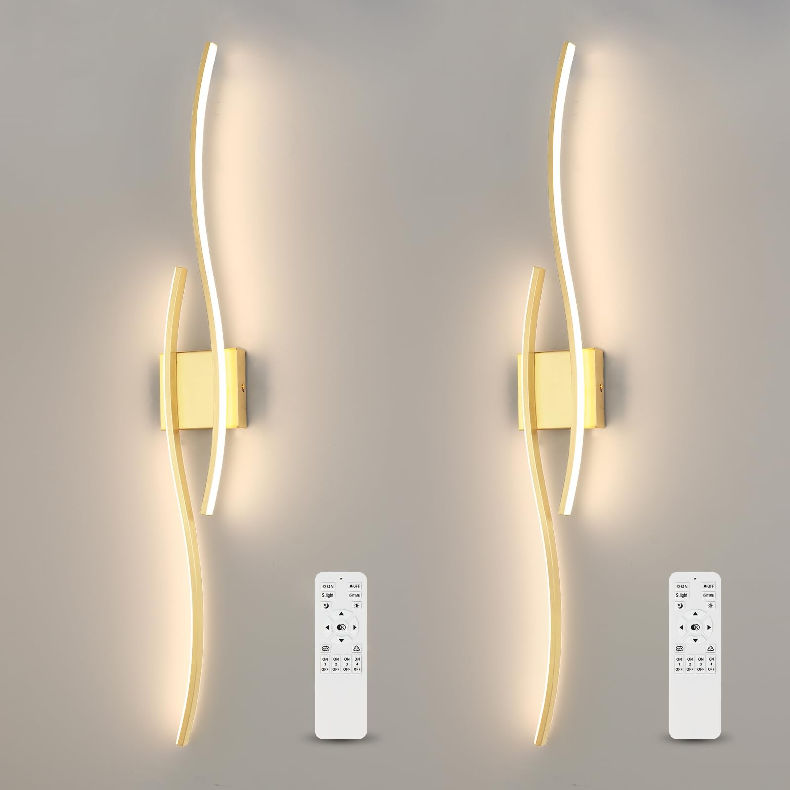 EIDEARAY Modern LED Wall Sconce Set of Two with Remote Hard Wired, Gold