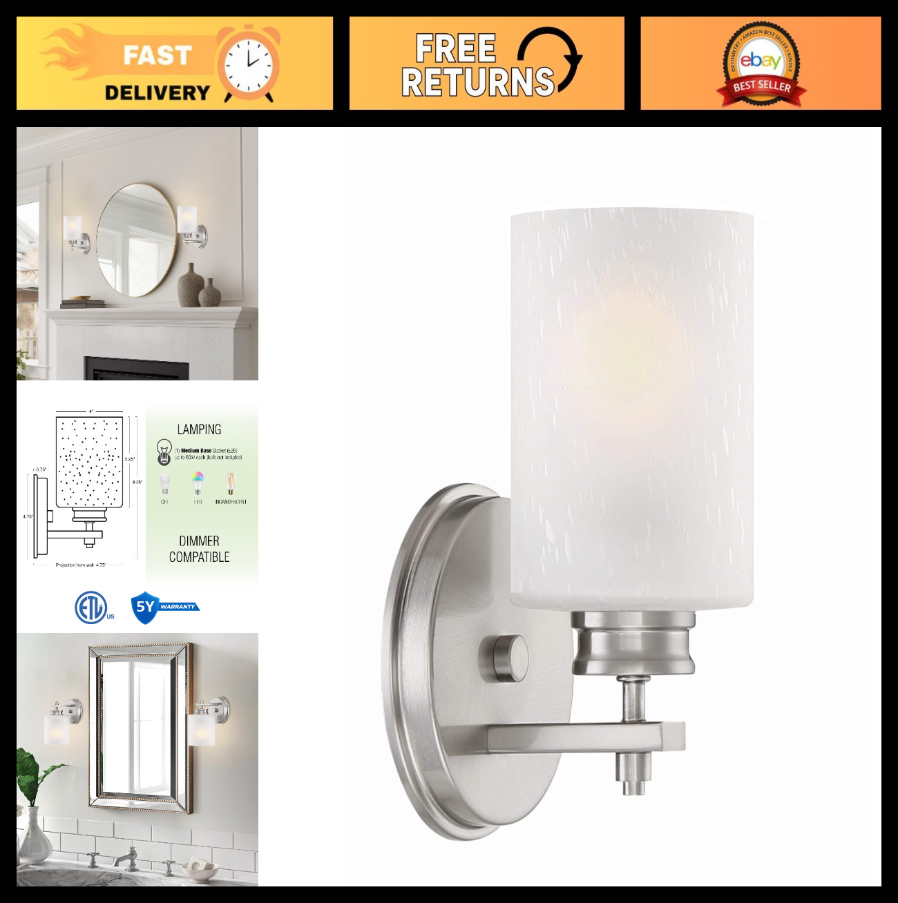 Modern 8″ Wall Sconce – Frosted Seeded Glass Shade, Industrial Silver Finish, Br