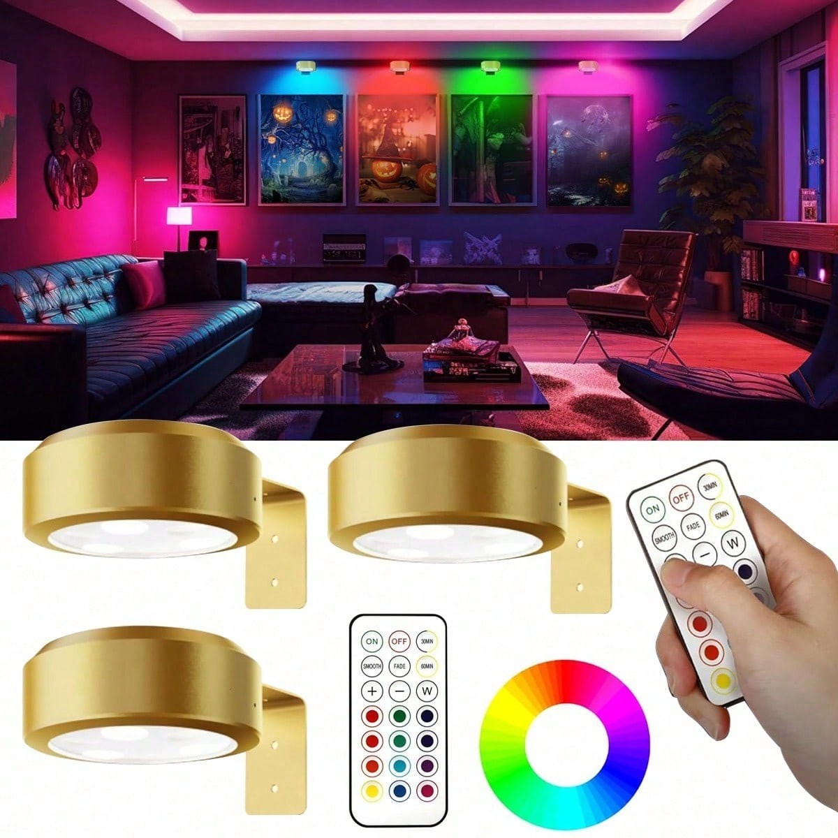3Pcs Battery Operated Picture Light, Magnetic Led Painting Light with Remote Dim