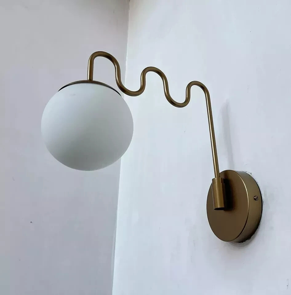 Brass Globe Wall Sconce Curved Armed Modern Raw Brass Wall Light Fixture