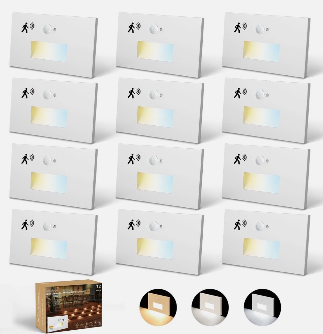 LED Step Lights Motion Sensor 5CCT Dimmable 120V Hardwired White 12-pack