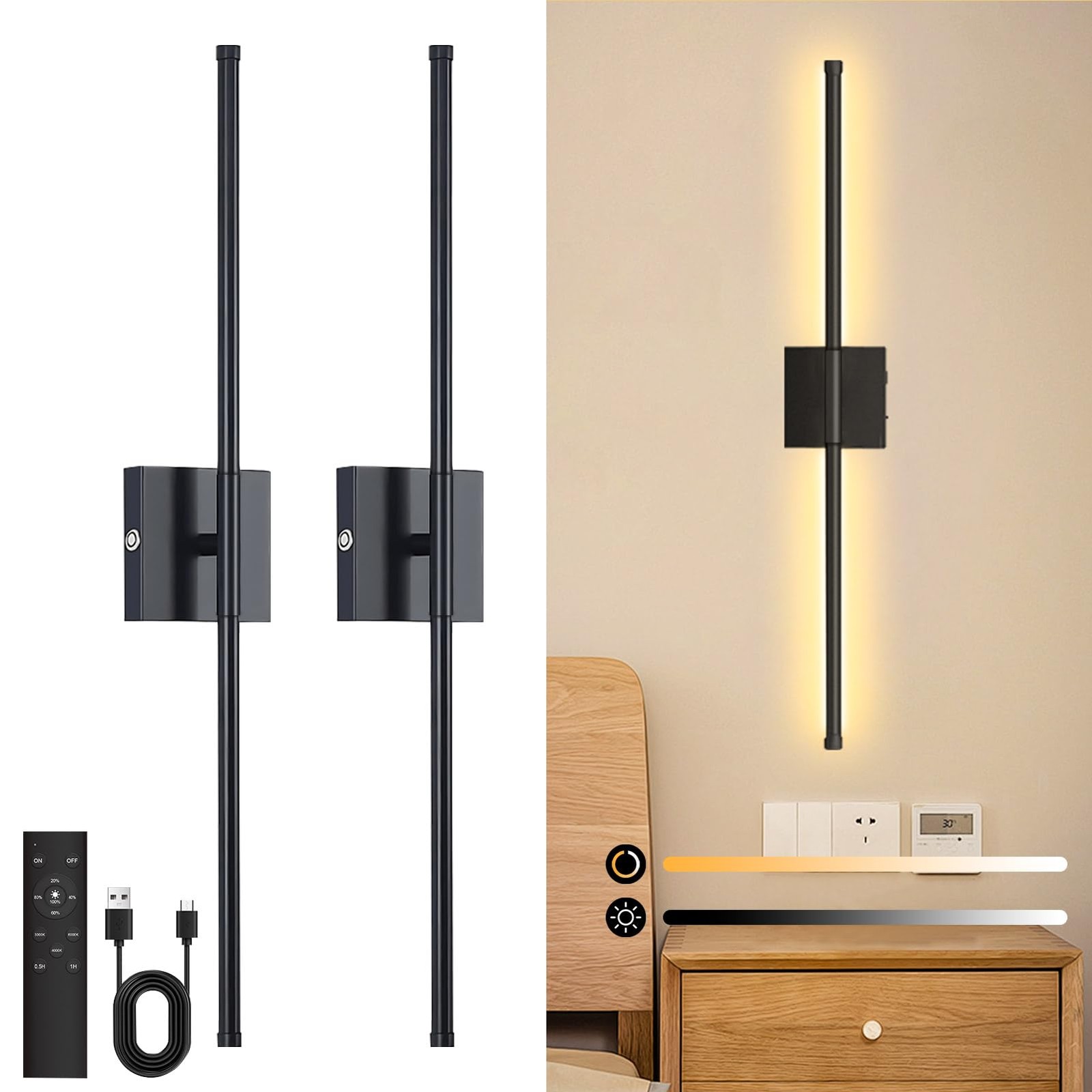 Dimmable Wireless Wall Sconces with Remote, 2 Pack Rechargeable LED Lights