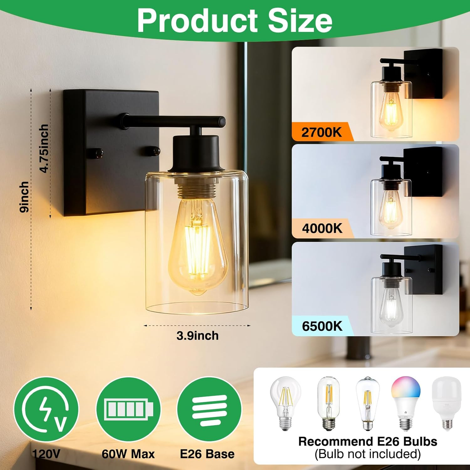 Matte Black Wall Sconce 2-Pack with Clear Glass Shade for Modern Spaces