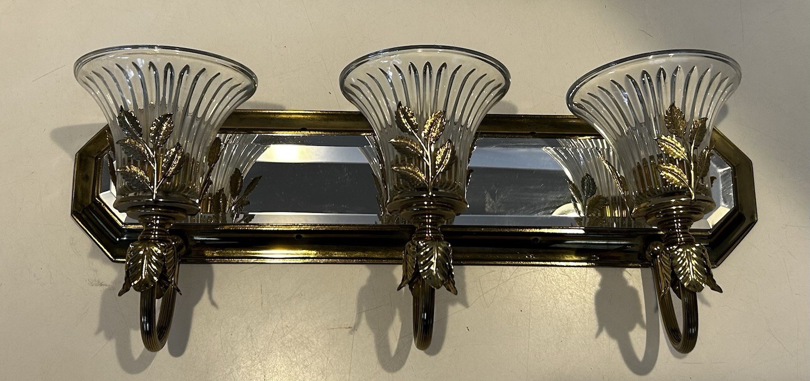 H A Framburg 3 Light Brass Mirrored Wall Sconce With Fluted Glass Shades Vtg MCM