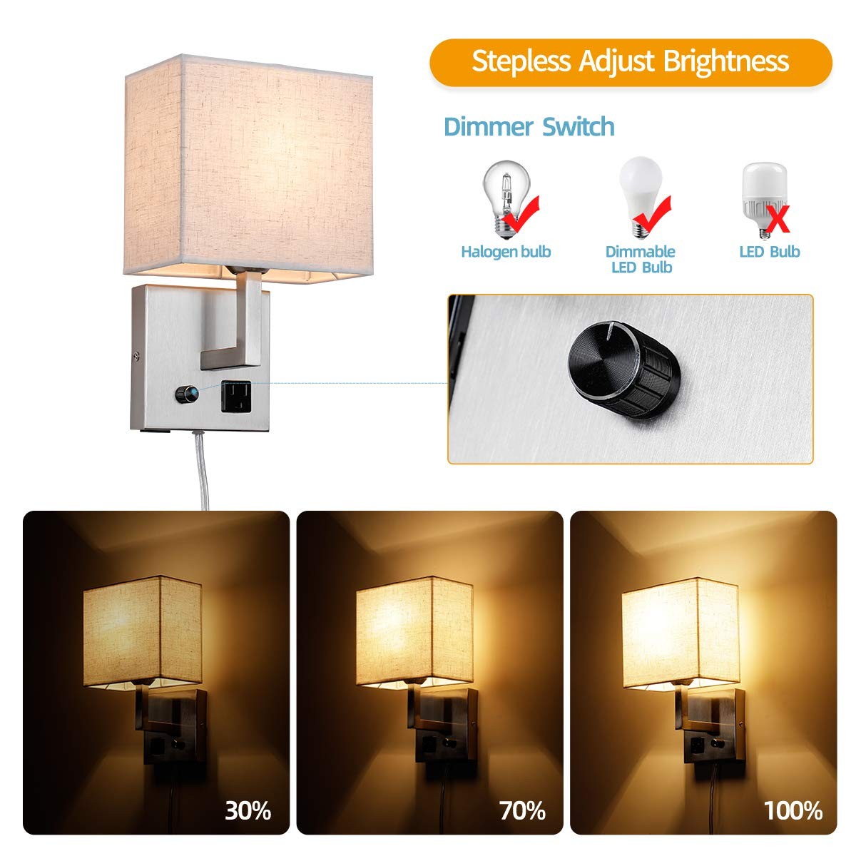 Plug in Wall Sconce, Bedside Wall lamp with Plug and dimmable Switch, with US…