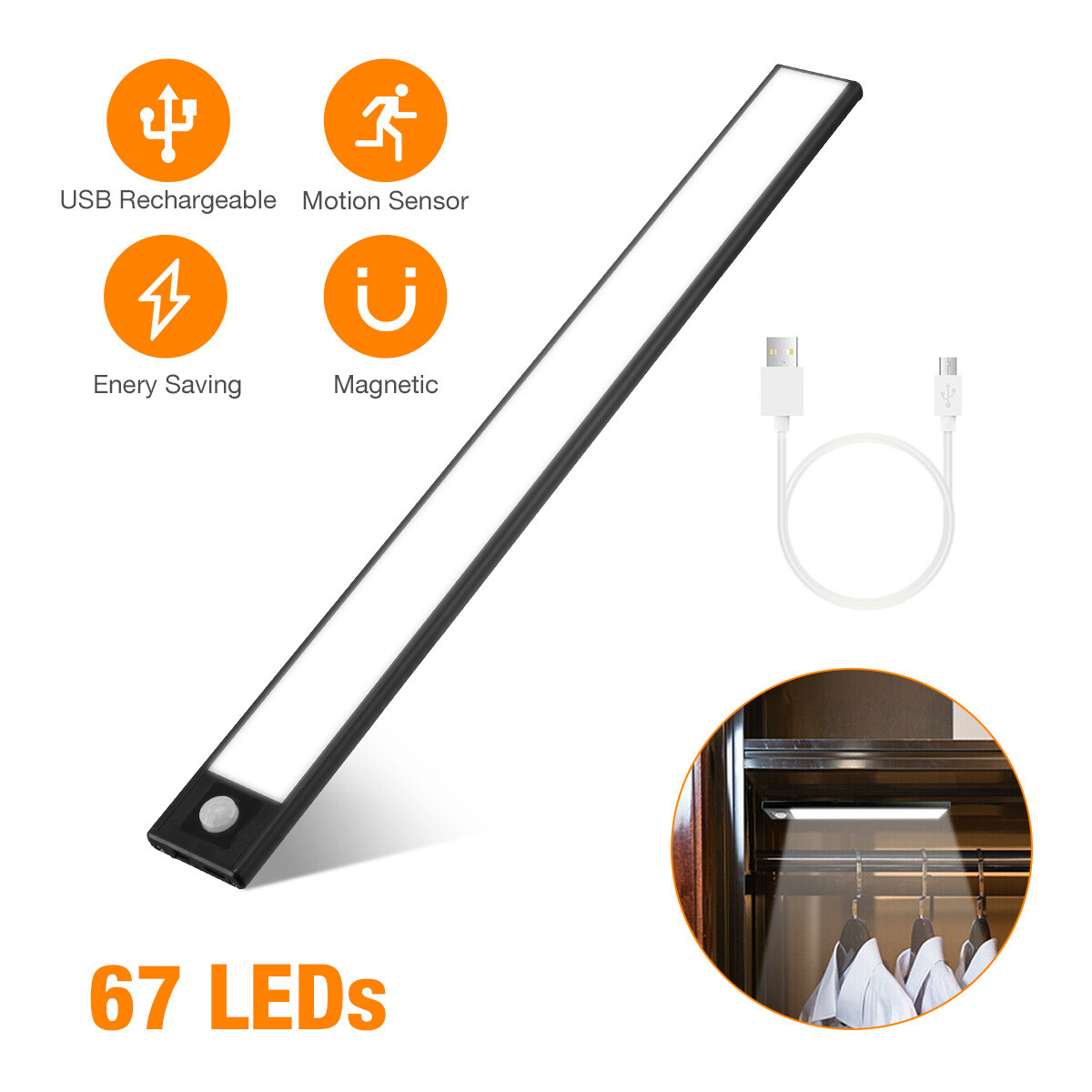 LED Motion Sensor Under Cabinet Closet Light USB Rechargeable Kitchen Lamp Strip
