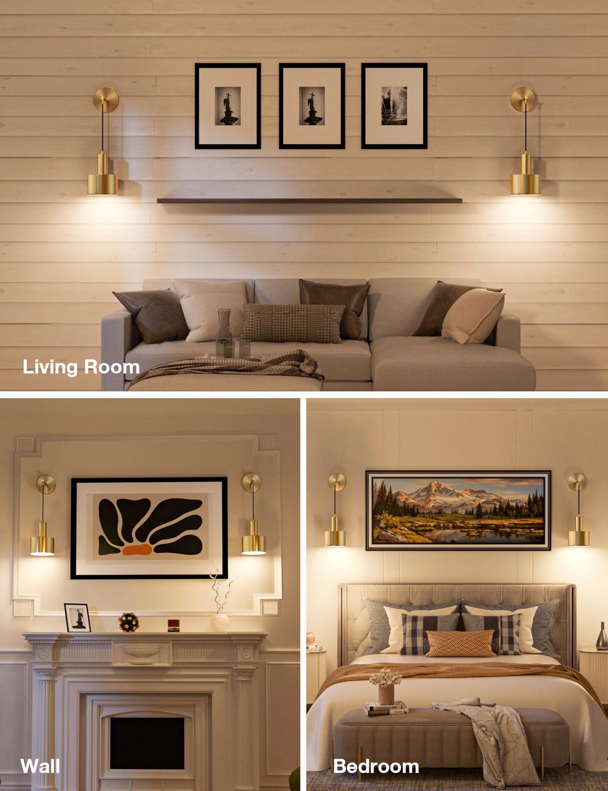 Battery Operated Wall Sconce Set of 2, Gold Wireless Rechargeable Wall Lights…
