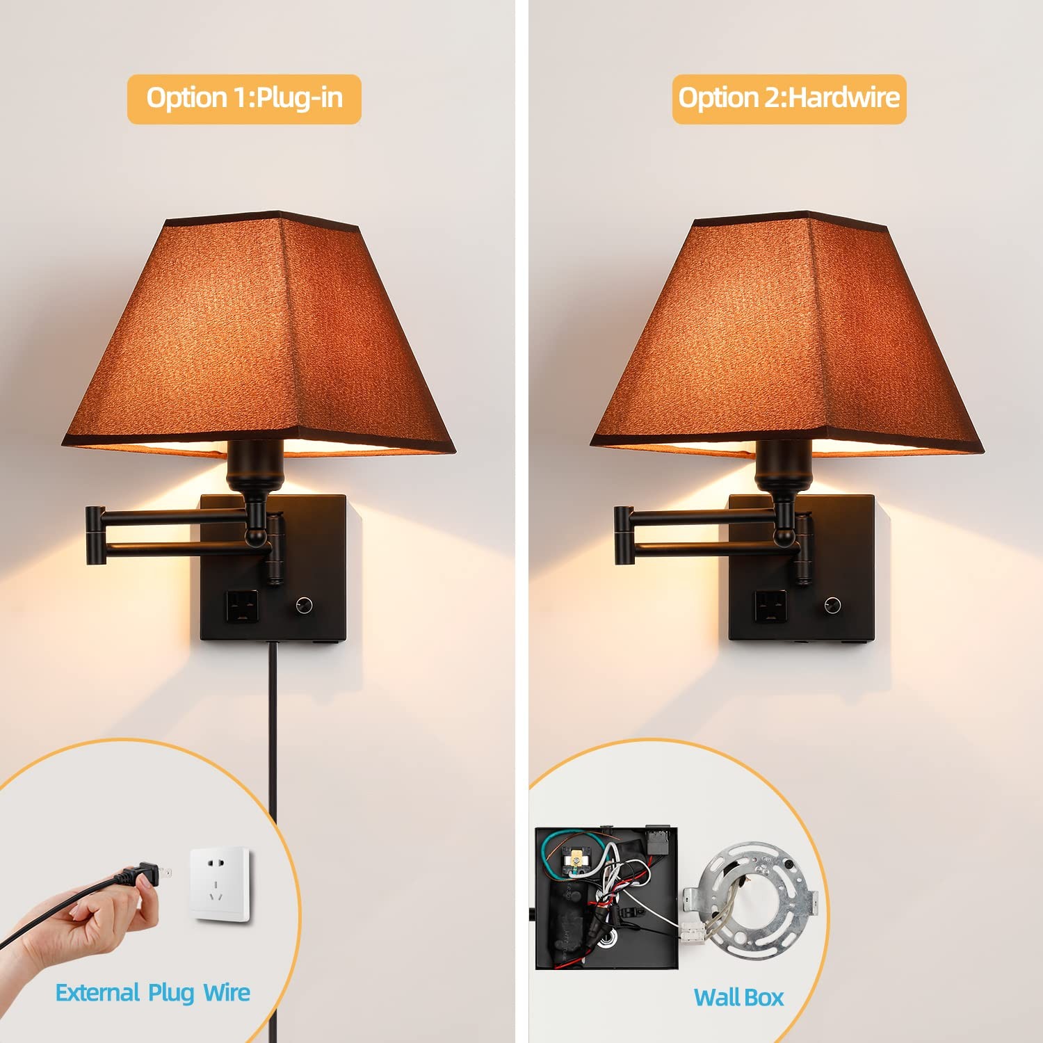 Swing Arm Wall Lamp.Plug in Wall Sconces with USB Port and AC Outlet.Sconces …