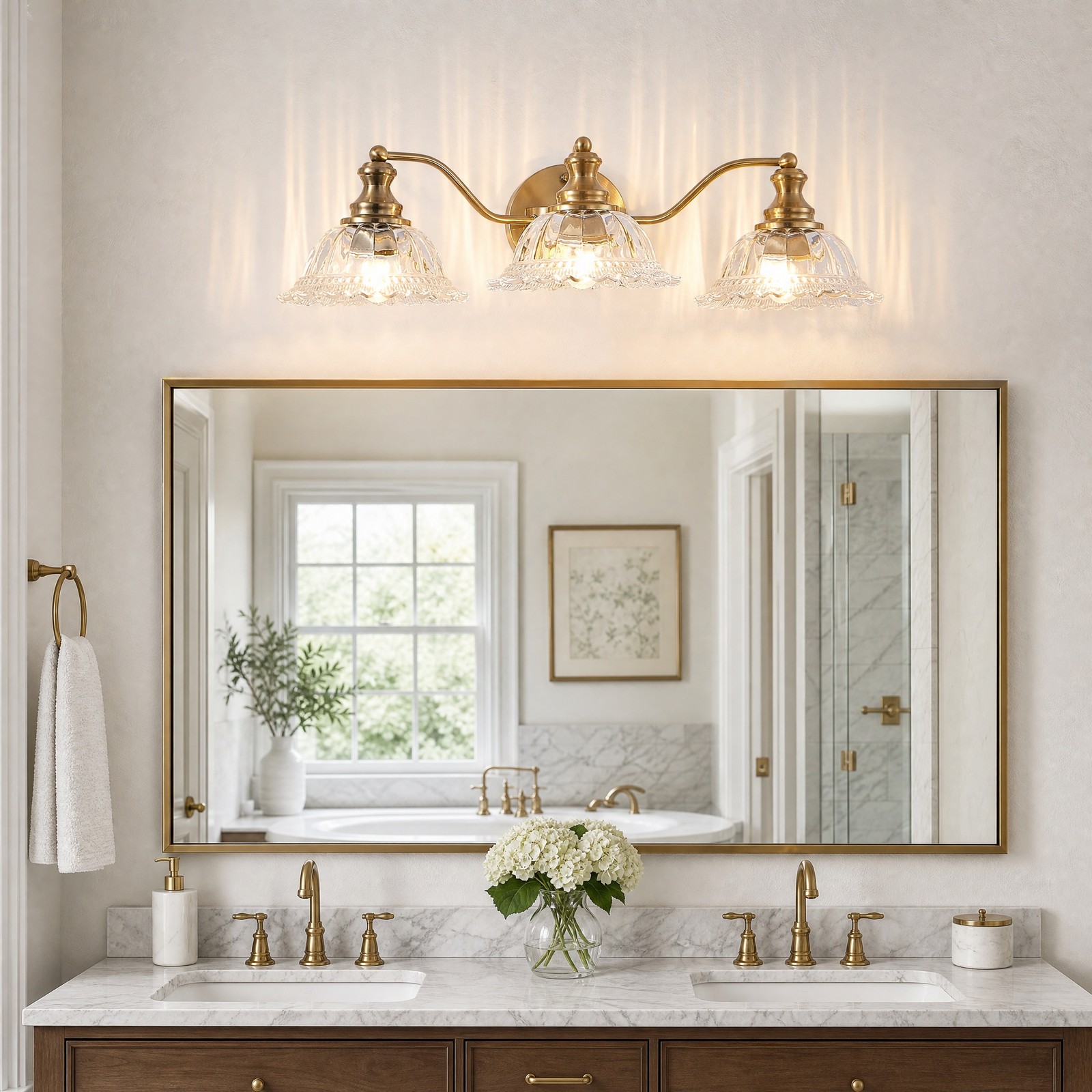 24 inch Bathroom Gold Glass Shade LED Vanity 3 Lights Mirror Wall Sconce Fixture