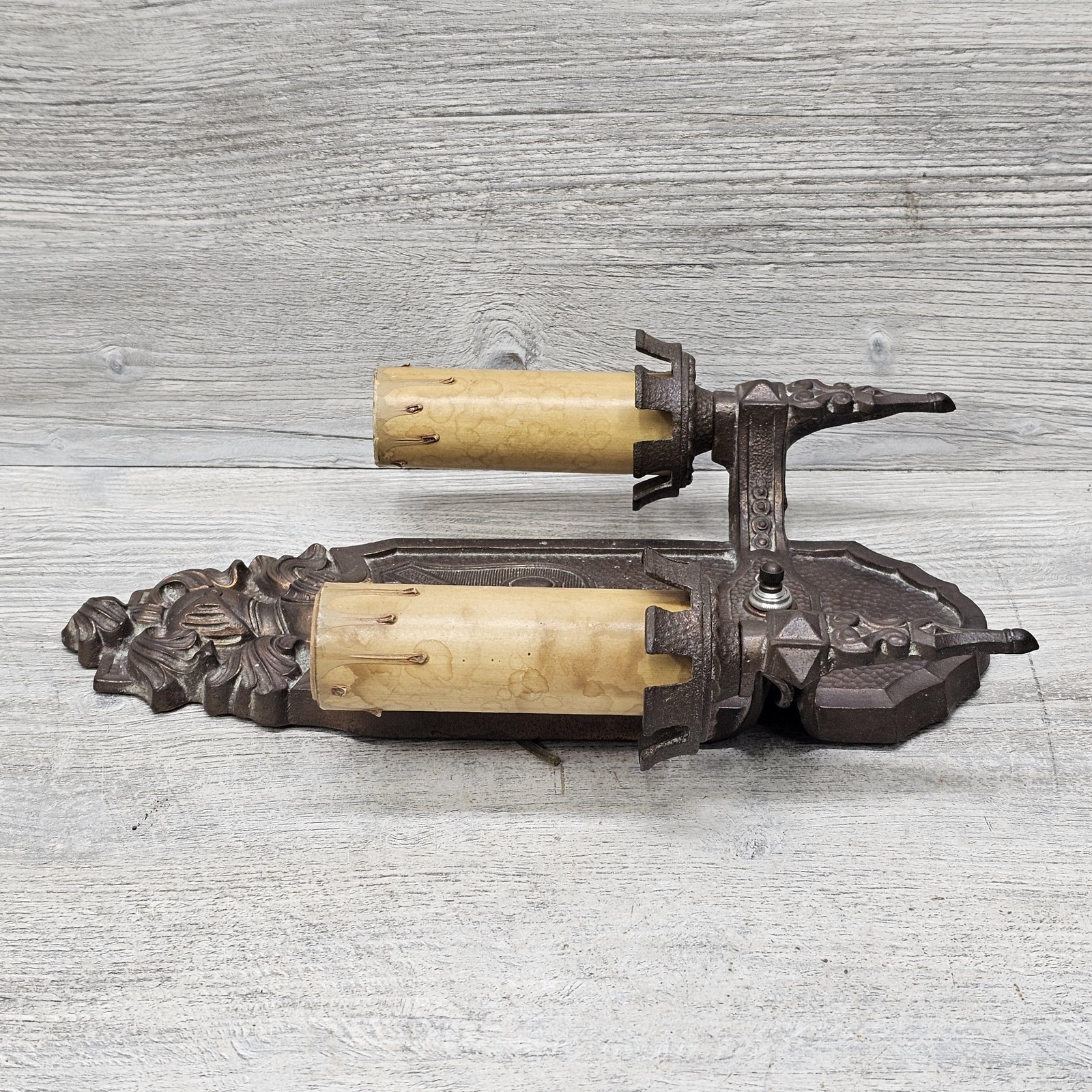Vintage Markel Cast Iron Gothic Wall Sconce Double Candle Light Bronze P596