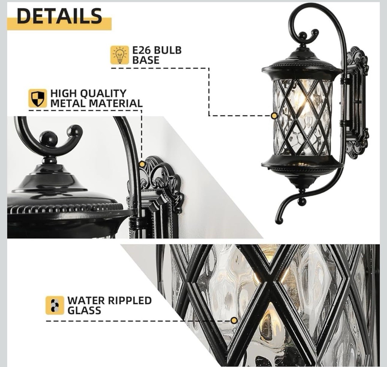 Black Outdoor Wall Lights Exterior Light Fixture Water Glass Waterproof Outside