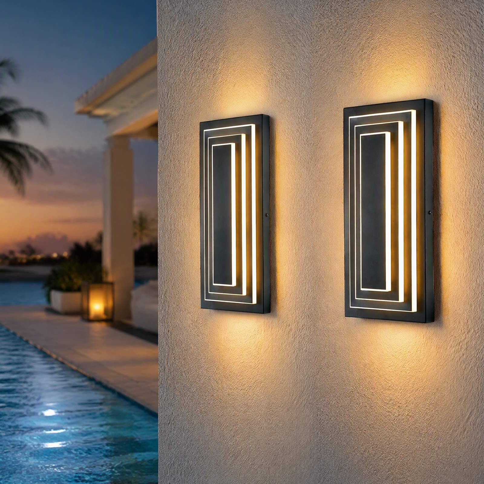 2 Pack 16″ Outdoor LED Wall Light Modern Black Porch Garage Sconce Fixture 3000K
