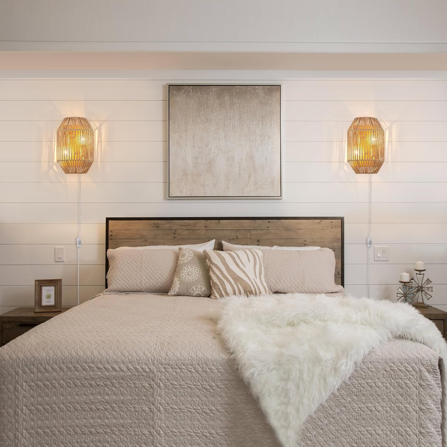 Natural Rattan Plug-In Wall Sconce Set of 2, with Boho Woven Wicker Shade Antiqu