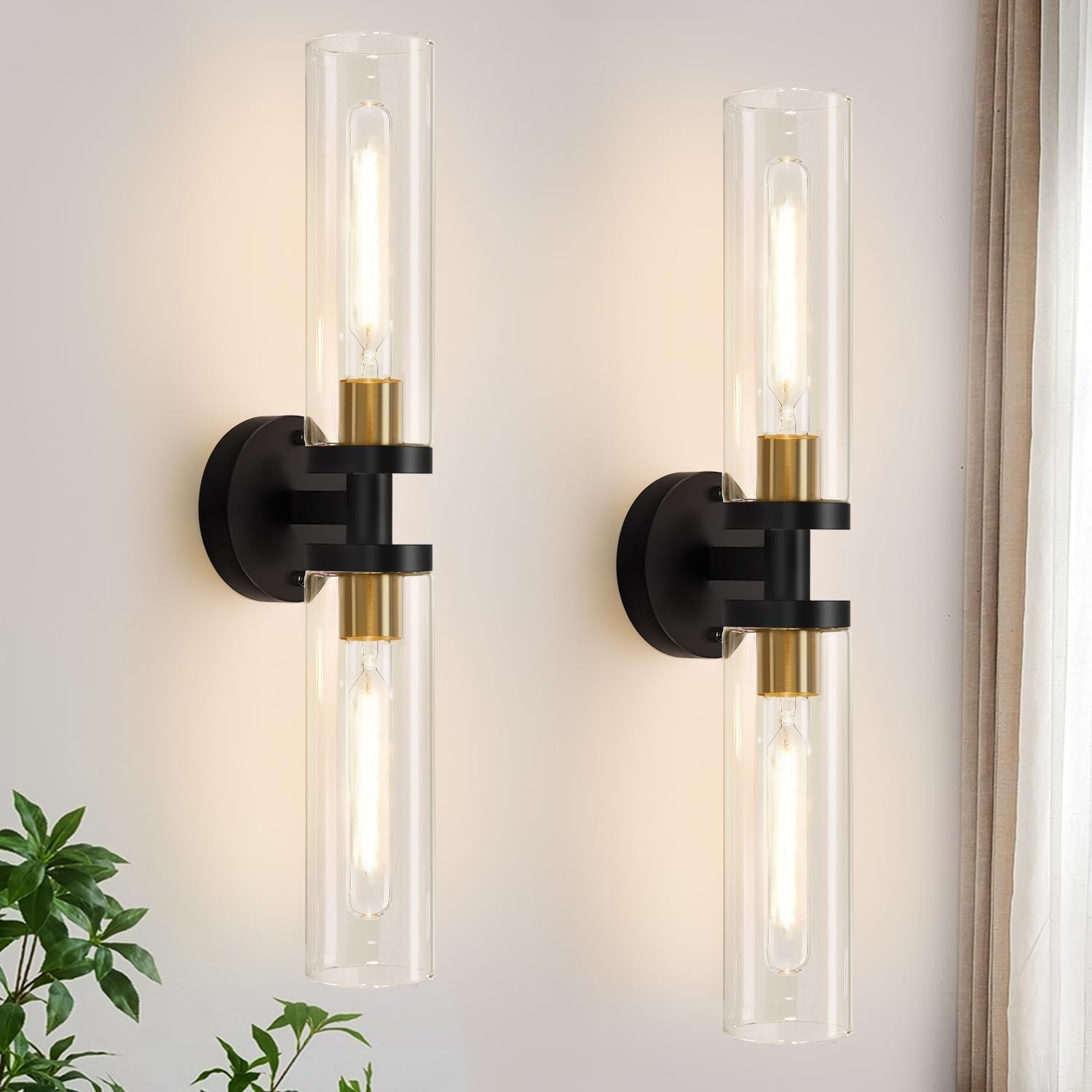 2 Pack 22″ Black Gold Indoor Wall Lamp Elegant Vanity Light Glass Sconce Fixture
