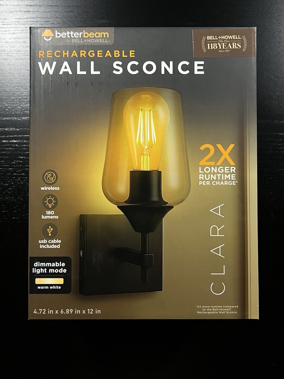 BETTERBEAM Clara 10.8 in 1-Light Matte Black Rechargeable Wall Sconce 24589