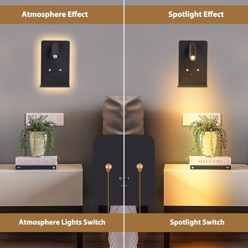 Modern Wall Mounted Reading Lights Plug in, Black Headboard Reading Black-2pcs