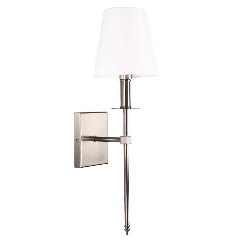 LamQee 1-Light Satin Nickel Wall Sconce with White Fabric Shade