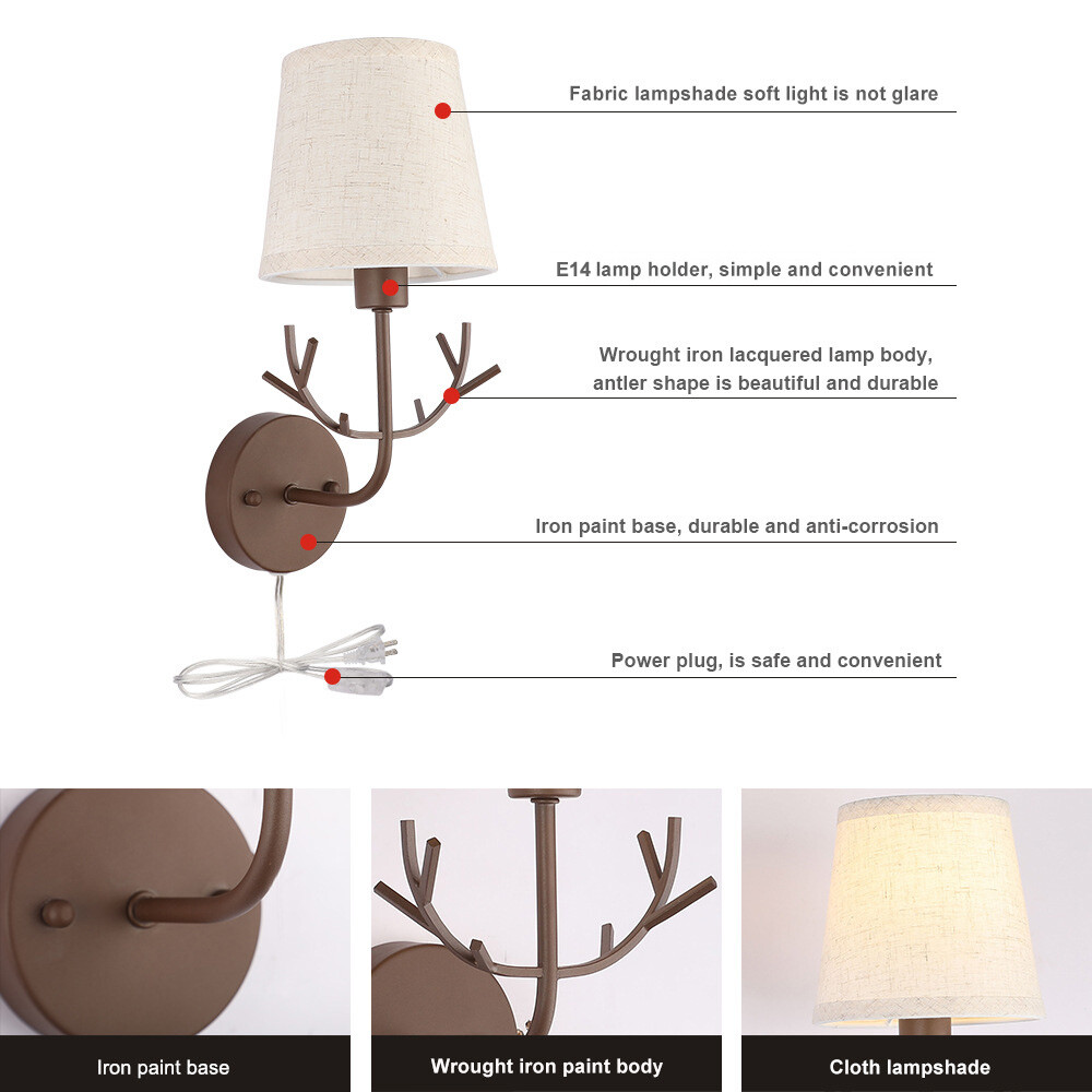 7W LED Wall Lighting Fixture E14 Bulb Bedside Reading Lamp Fabric Lampshade Plug