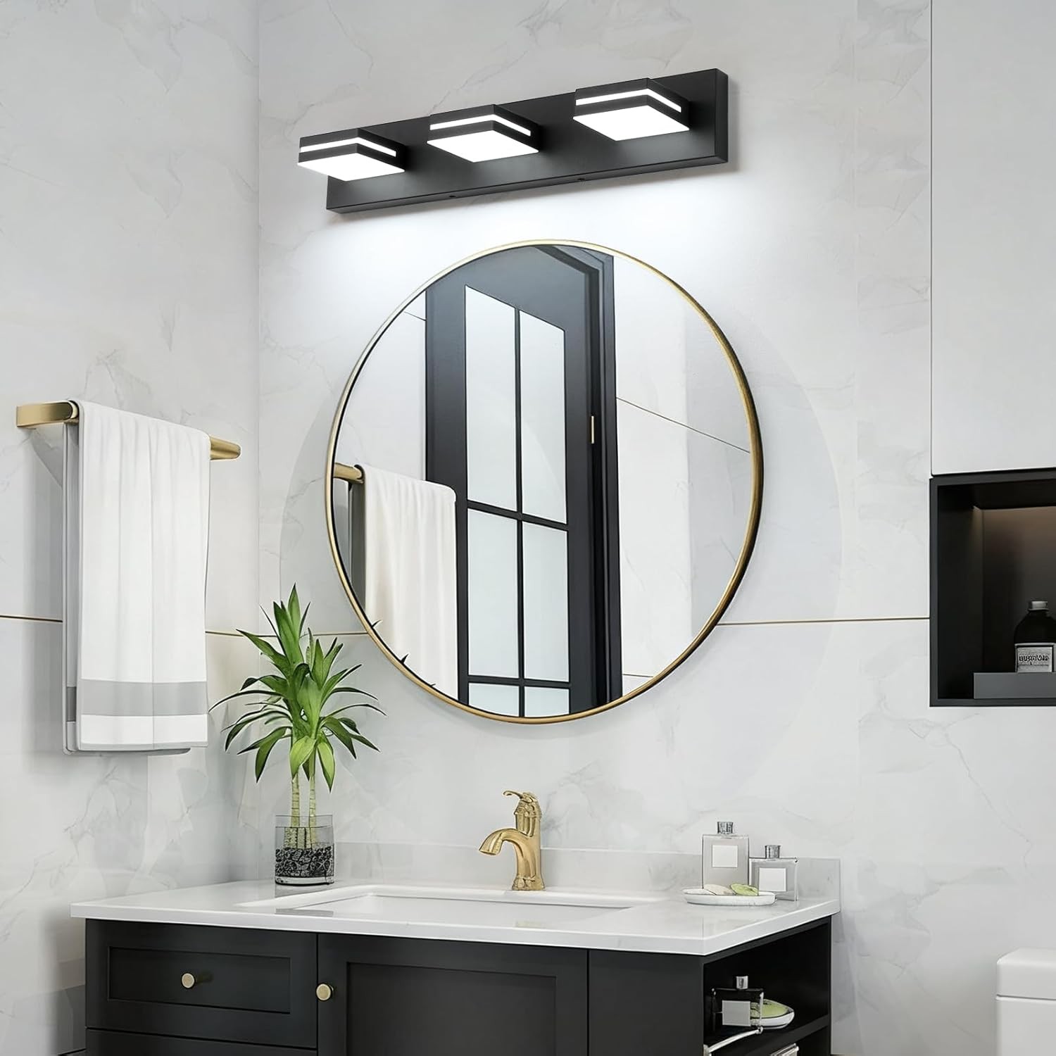 Lámpara LED moderna para baño 24”, 3 luces, acrílico negro mate 6000K