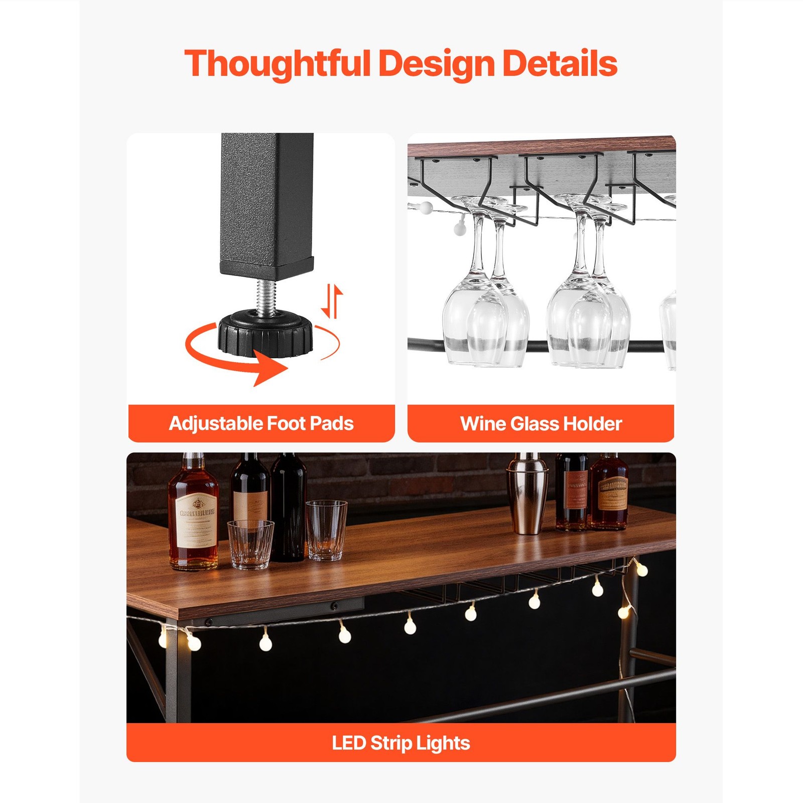 L-Shaped Home Bar Cabinet: 3-Tier Walnut & Metal, LED Light, Adjustable Feet