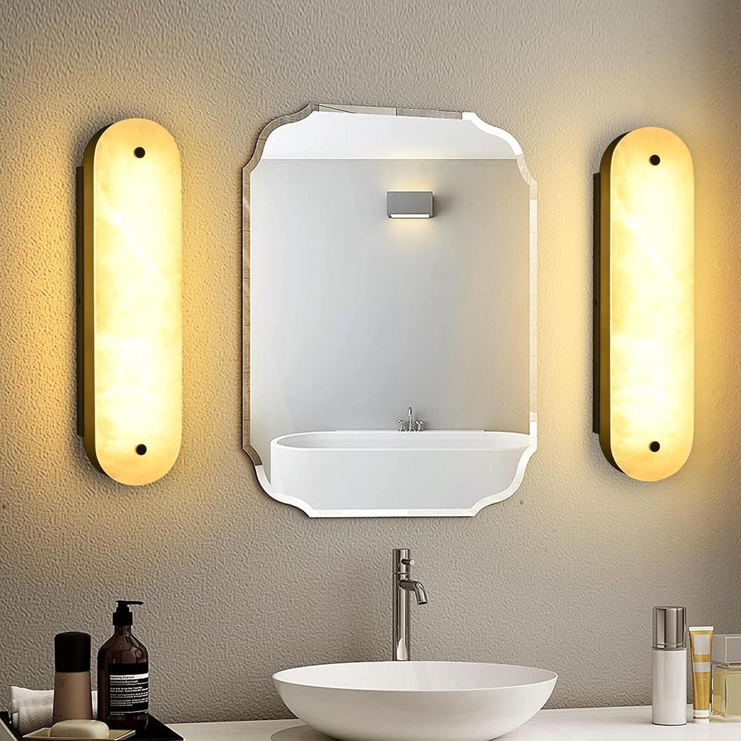 2 PCS 18.9″ Oval Alabaster Wall Sconce Natural Spanish Marble, Black Metal Frame