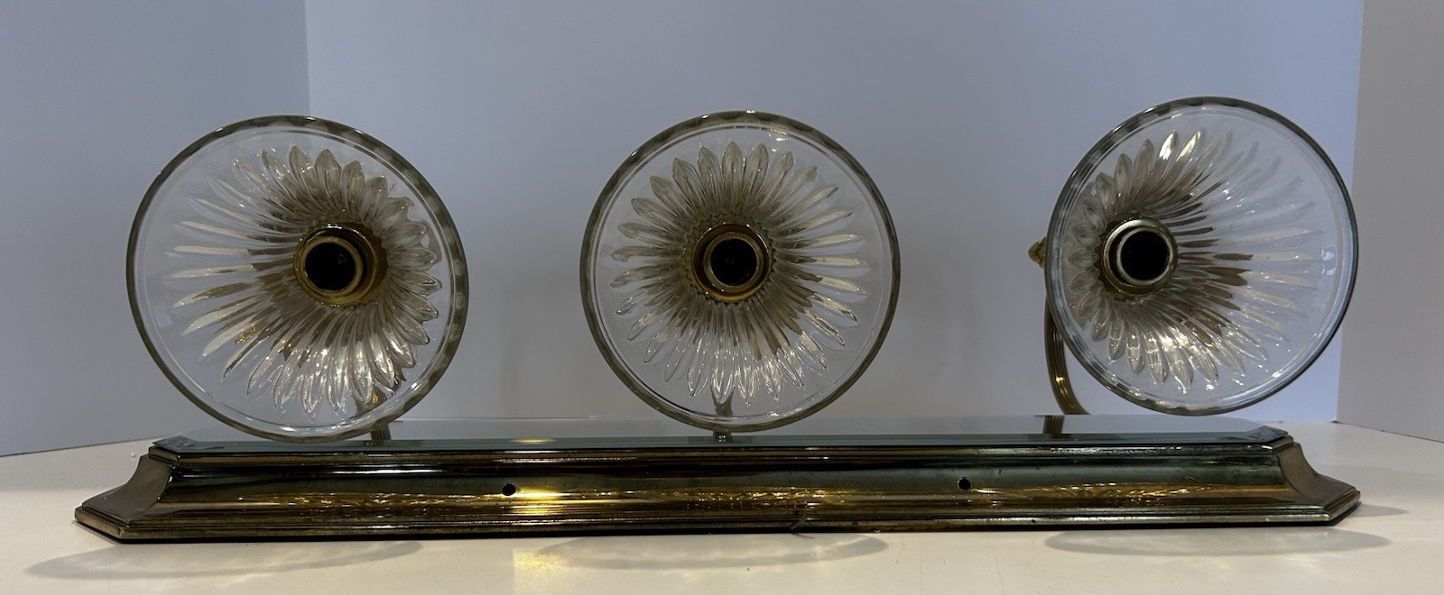 H A Framburg 3 Light Brass Mirrored Wall Sconce With Fluted Glass Shades Vtg MCM