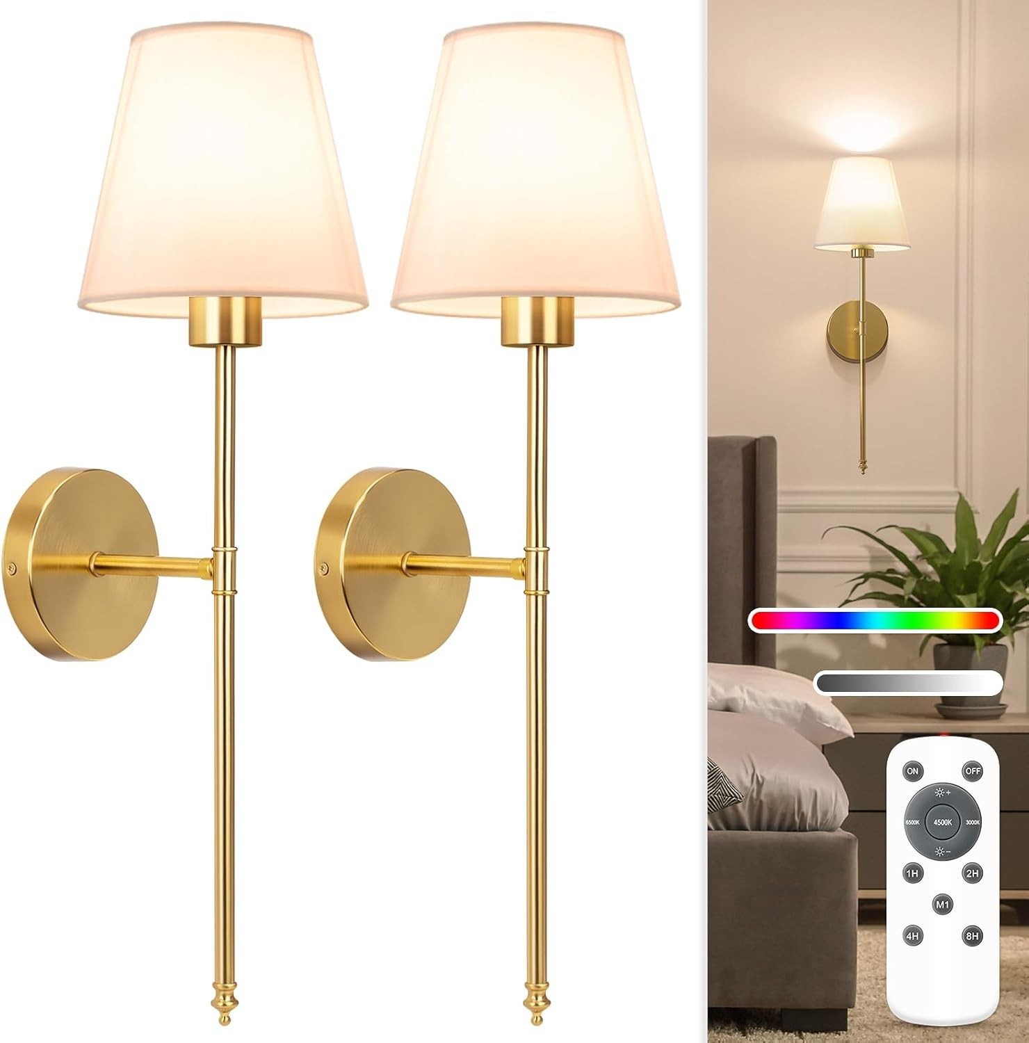NIORSUN 24-in 2-pc Gold Battery Operated Wall Sconce,5200mAh Dimmable 10 Color