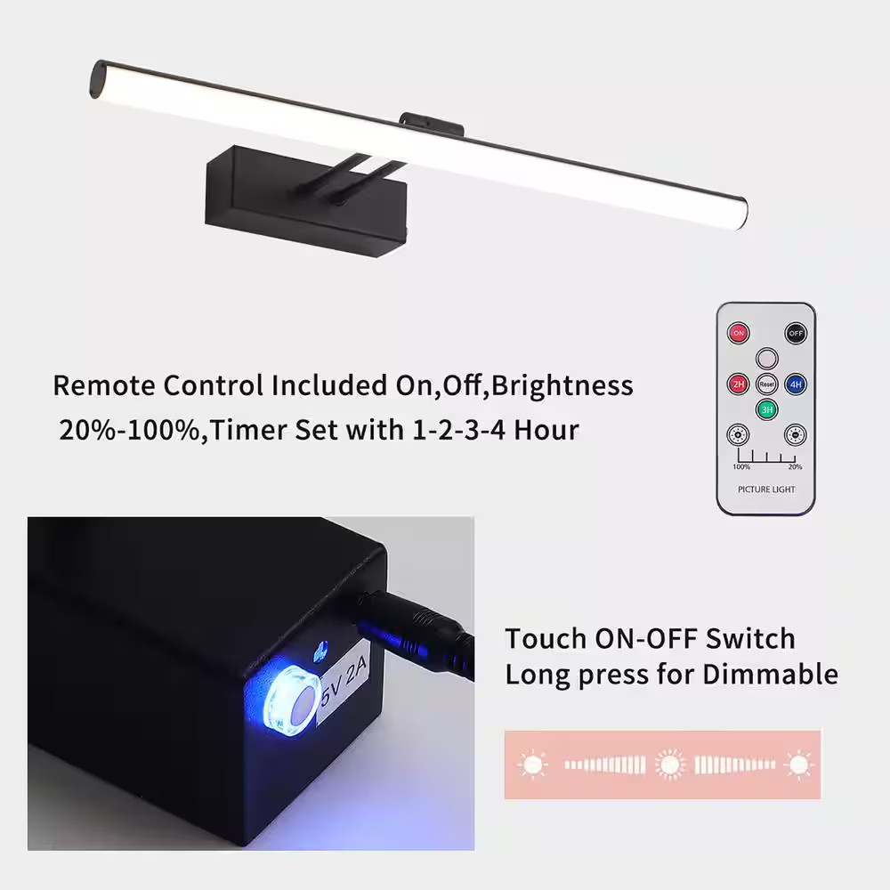 Wireless Rechargeable 16 In. Wall Mounted Black LED Picture Light with Remote Co
