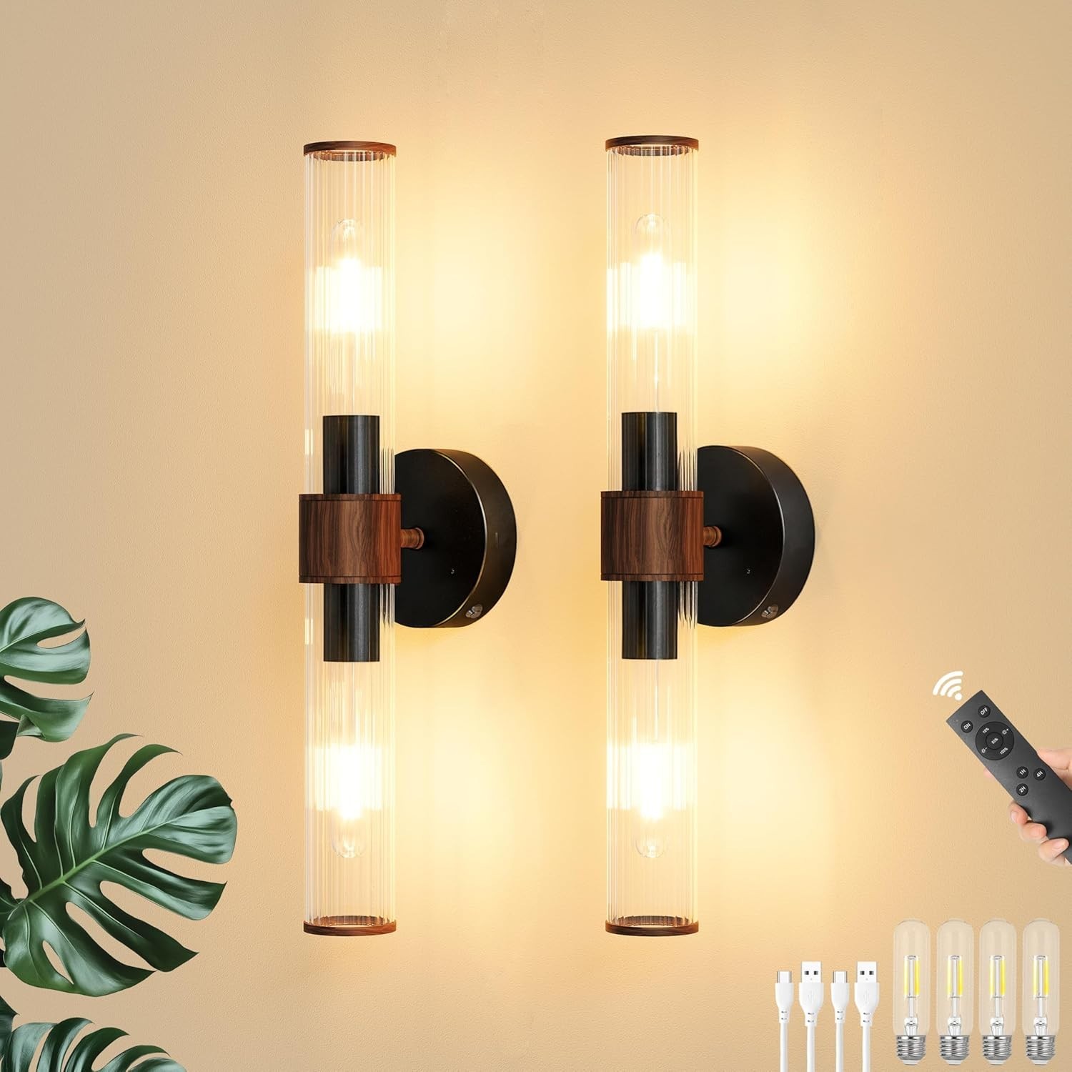 Black Walnut Battery Operated Wall Sconces Set of 2, Rechargeable Wall Lights wi